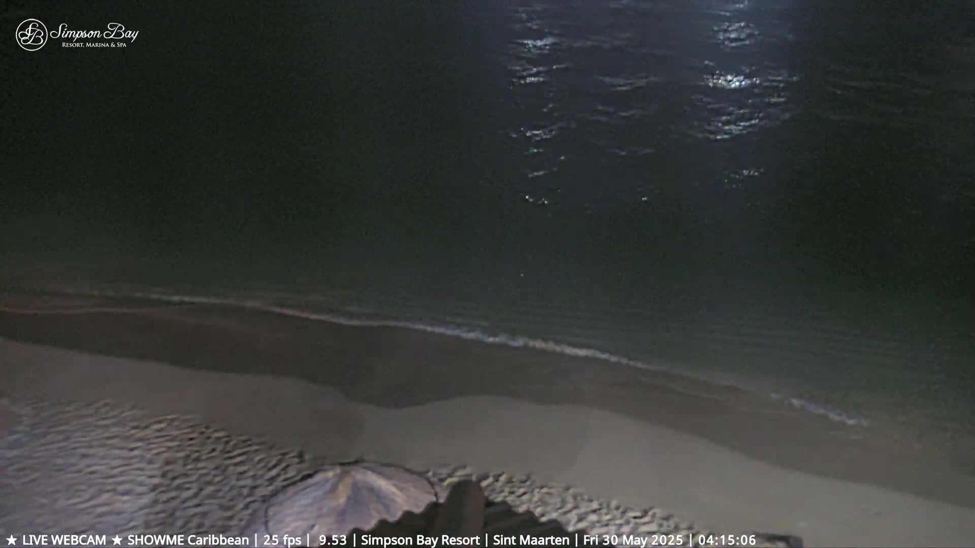 A dark, moonlit beach at night shows gentle waves lapping at the shore.