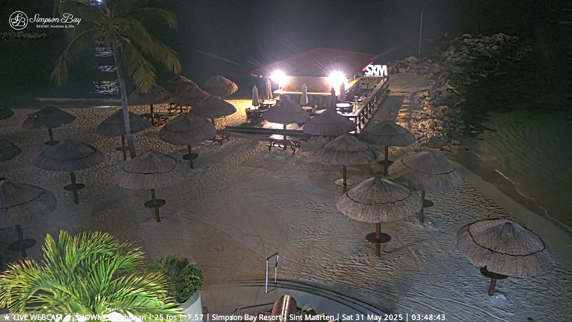 A nighttime beach scene shows numerous thatched umbrellas set up on a sandy beach near a lit beachfront bar and calm ocean water.
