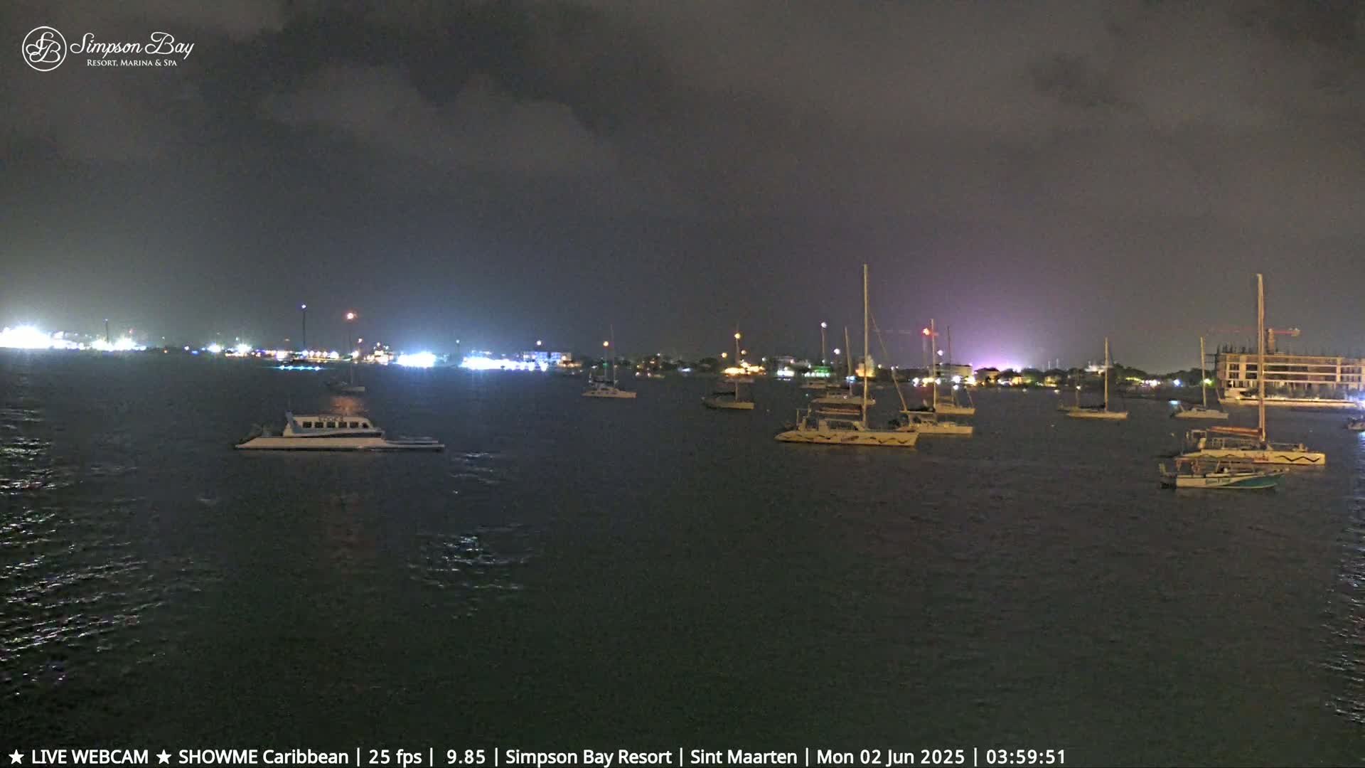 Several boats are moored in a dark body of water at night under a cloudy sky.
