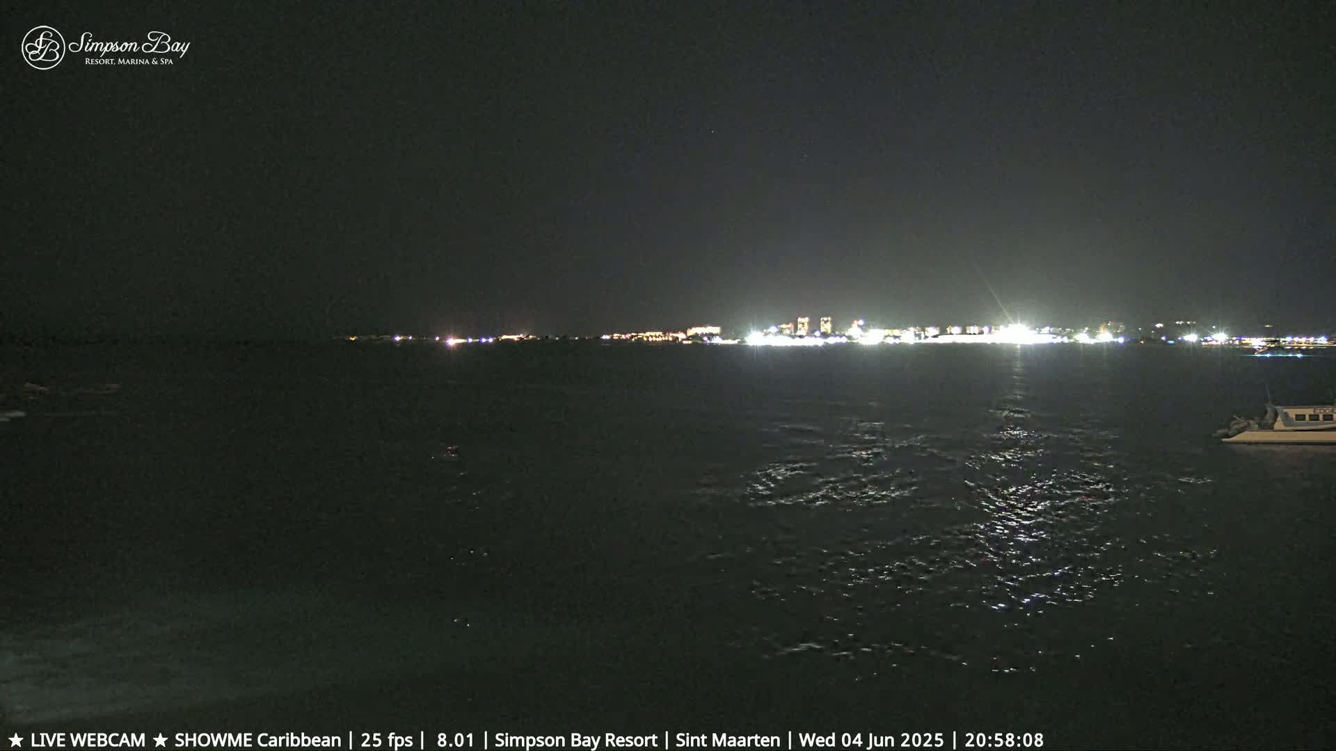A nighttime view of a dark body of water with a distant, lit-up shoreline and a small boat in the foreground.