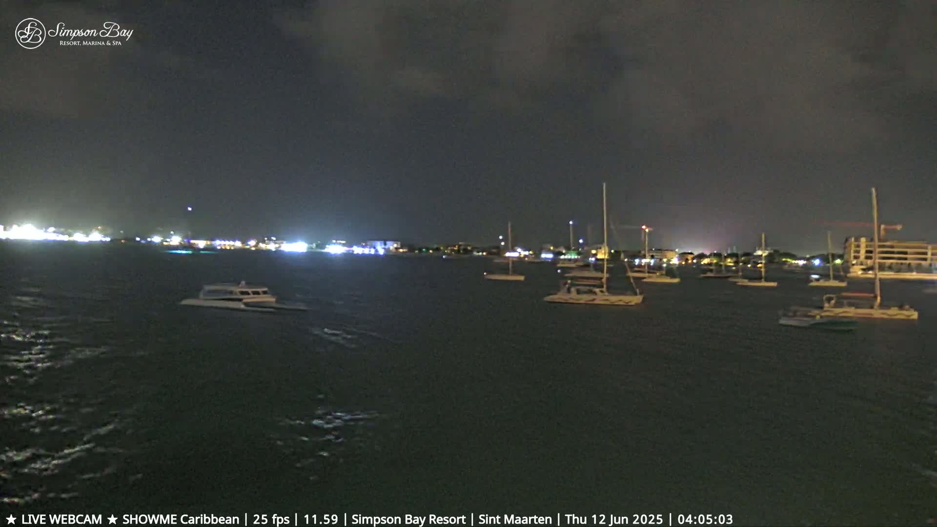 At night, under a dark sky, numerous boats are moored in a calm body of water near a dimly lit shoreline.