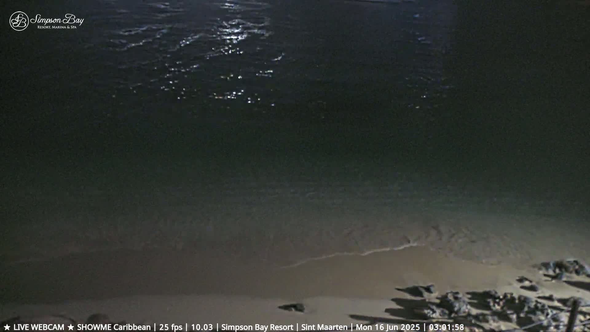 Dark, gently lapping waves reach a sandy shore at night.