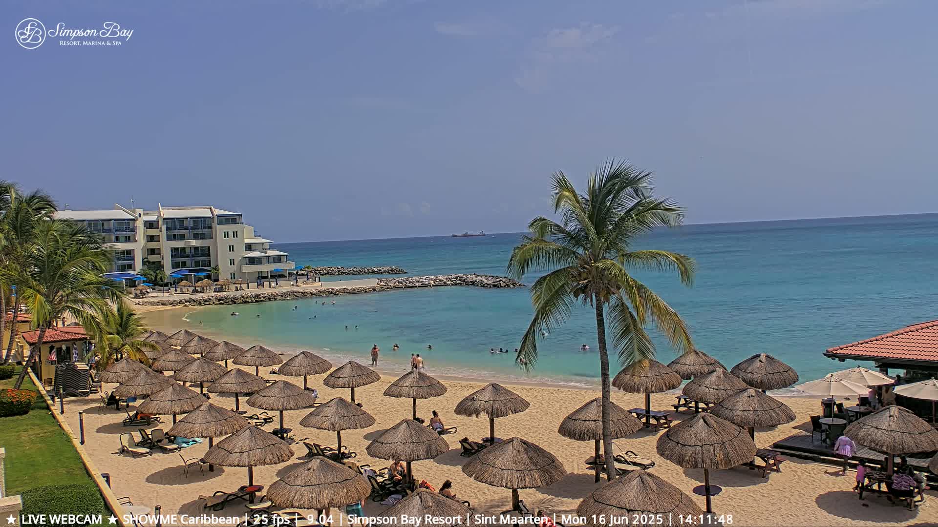 A sandy beach with numerous thatched umbrellas and lounge chairs, a calm turquoise ocean, and a resort building are visible under a clear, sunny sky.