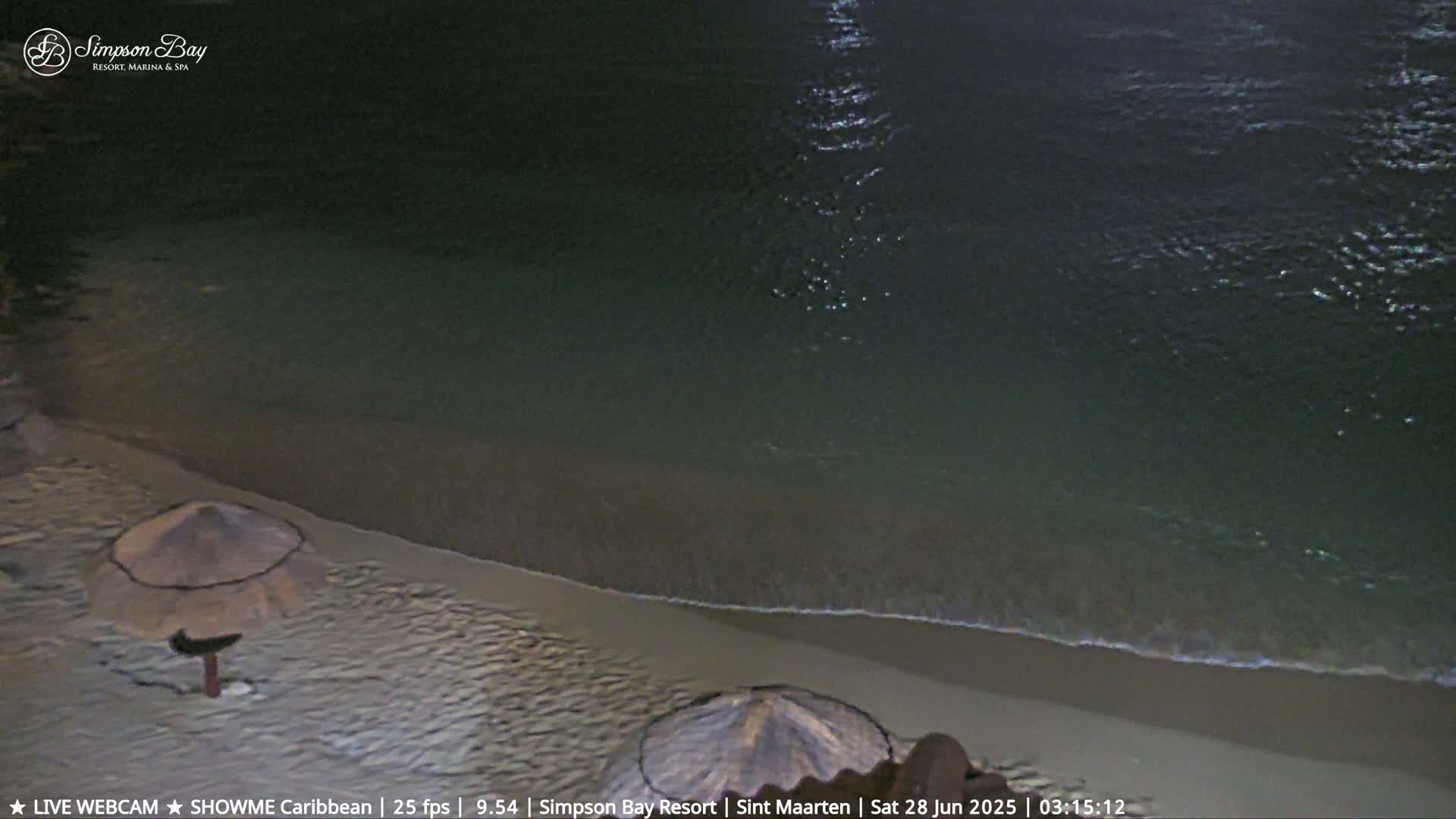 A nighttime beach scene shows a dark ocean with gentle waves lapping a sandy shore where two closed beach umbrellas stand.