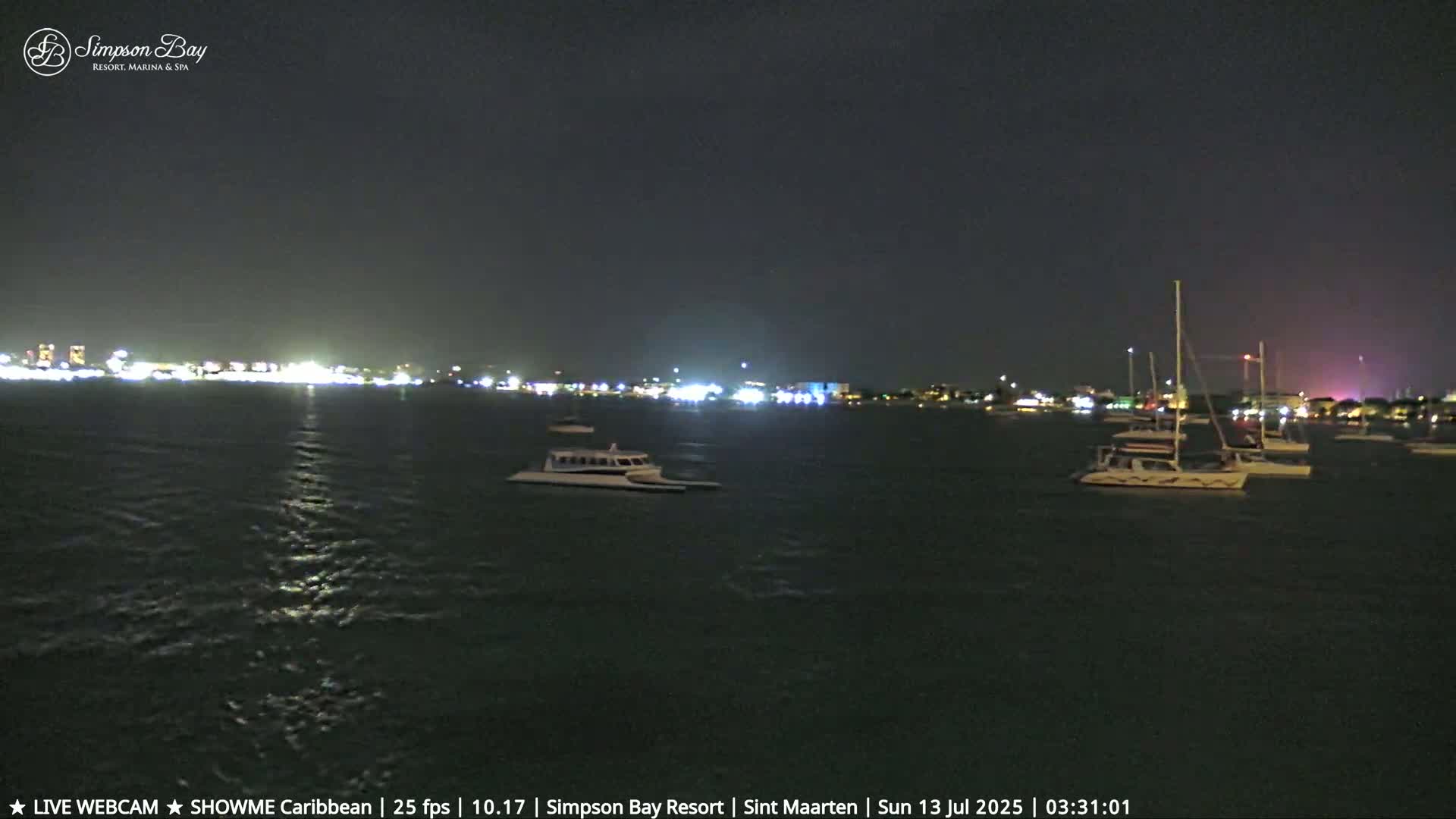 Several boats are moored in dark water at night, with a city's lights visible in the distance.