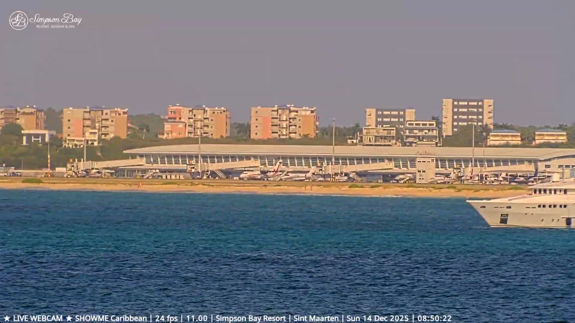 On a clear night, a brightly lit beach bar and straw umbrellas line the sand next to a palm tree and a rocky breakwater, with two illuminated ships visible on the dark ocean.