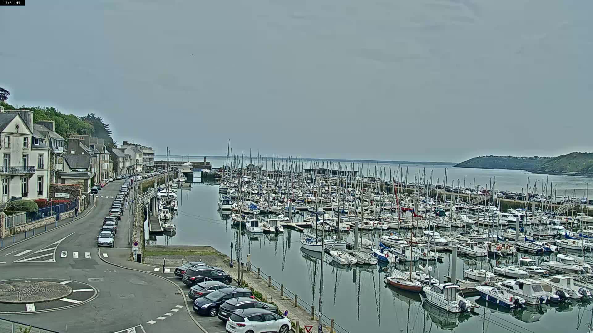 A harbor filled with numerous sailboats and motorboats is situated next to a town with parked cars along a road under an overcast sky.