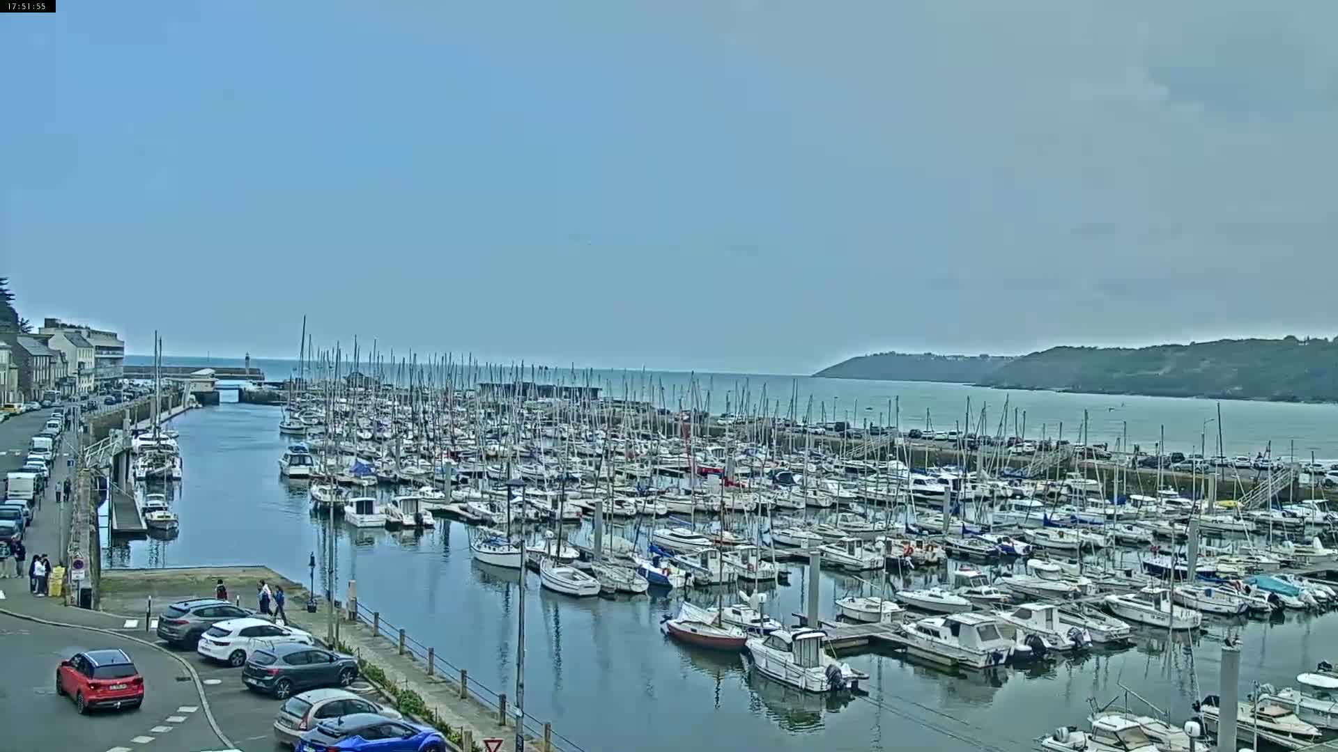 A marina filled with numerous sailboats and motorboats is situated along a calm body of water under a mostly clear sky.