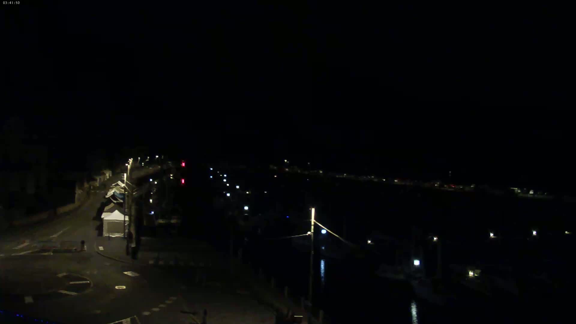 A nighttime, overhead view of a harbor with boats, a road, and streetlights.