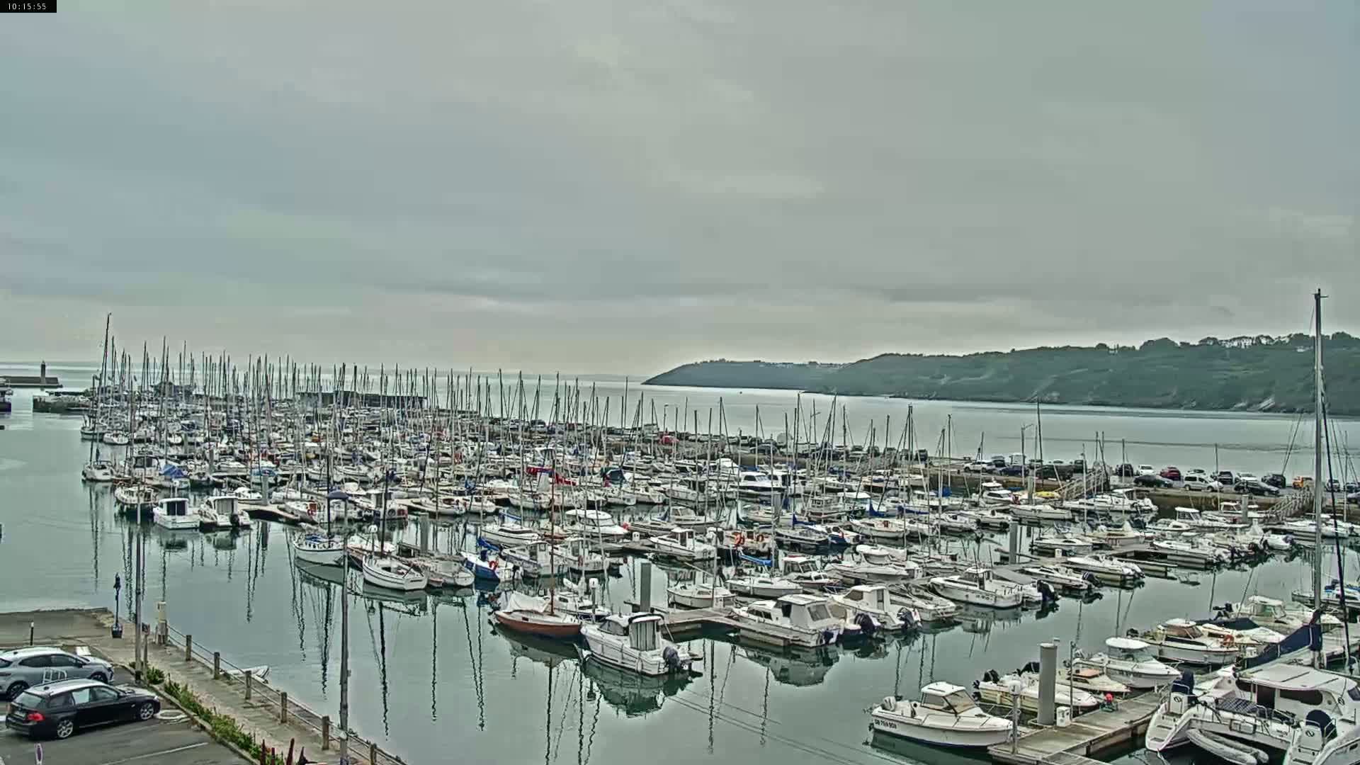 A large marina filled with numerous sailboats and motorboats is seen under an overcast sky.