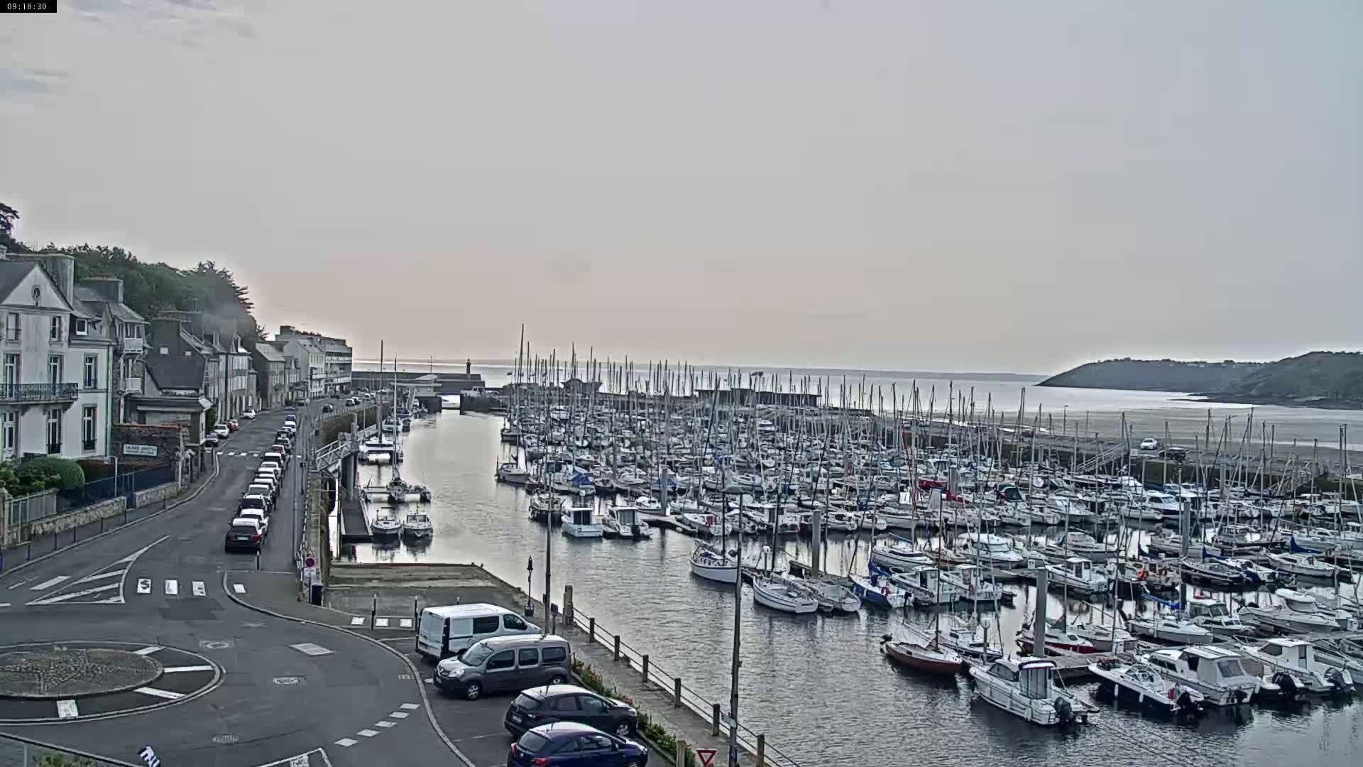 A harbor filled with numerous sailboats and motorboats under an overcast sky, next to a road with parked cars and buildings.
