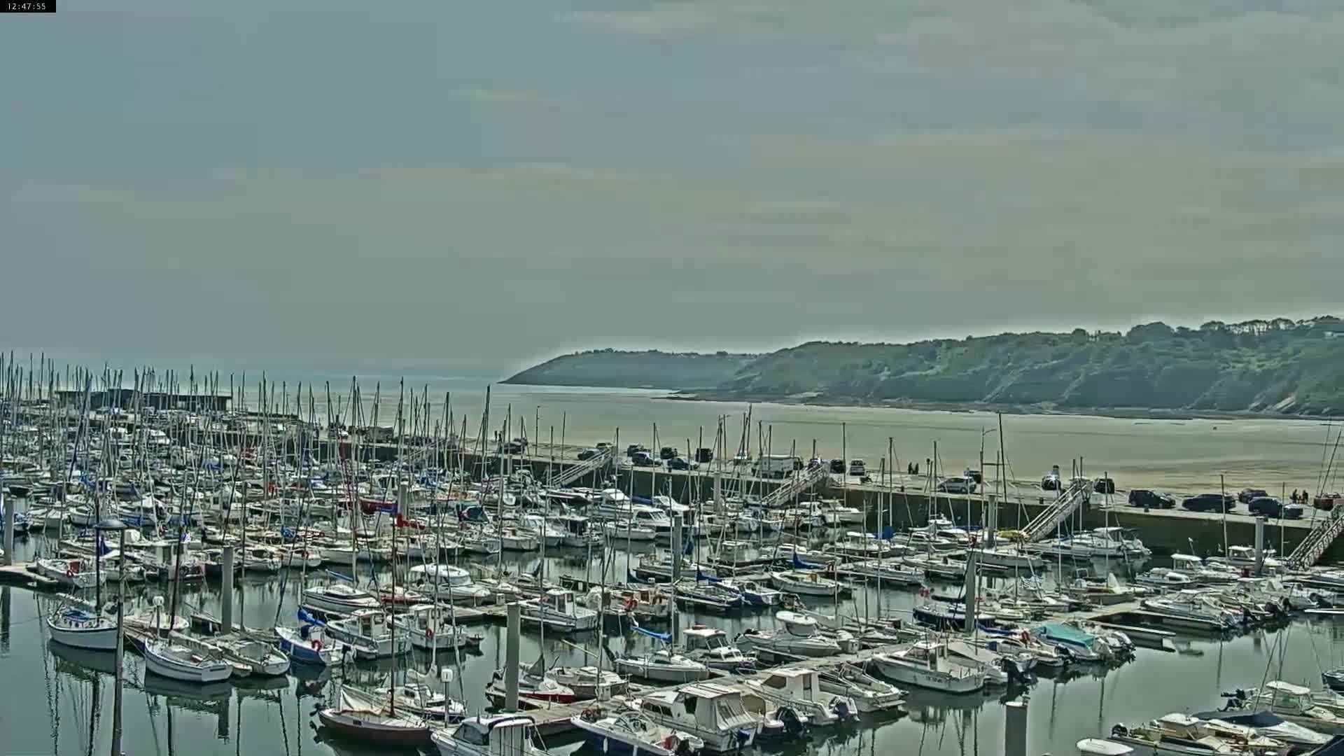 A large marina filled with numerous sailboats and motorboats is situated on a calm body of water under a hazy sky, with a low-lying, green-covered hill visible in the distance.