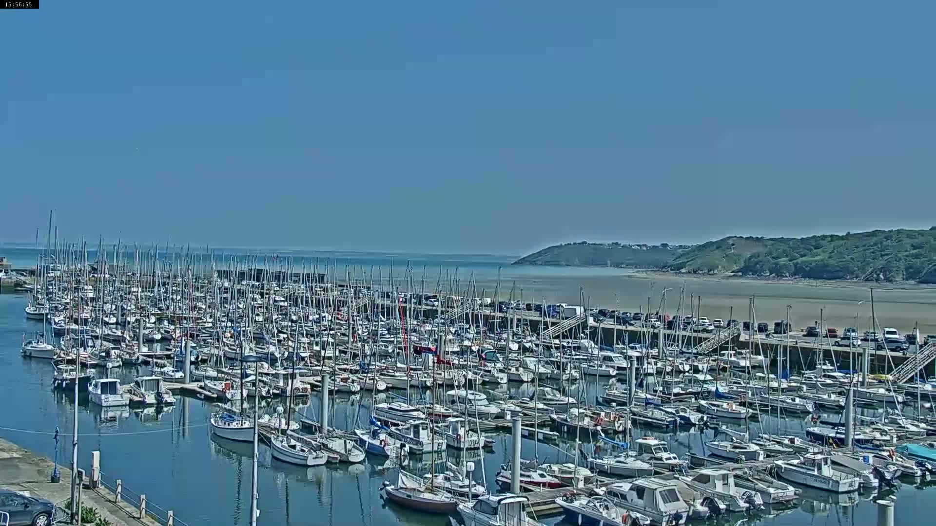 A large marina filled with numerous sailboats and motorboats is situated on calm water under a clear blue sky.