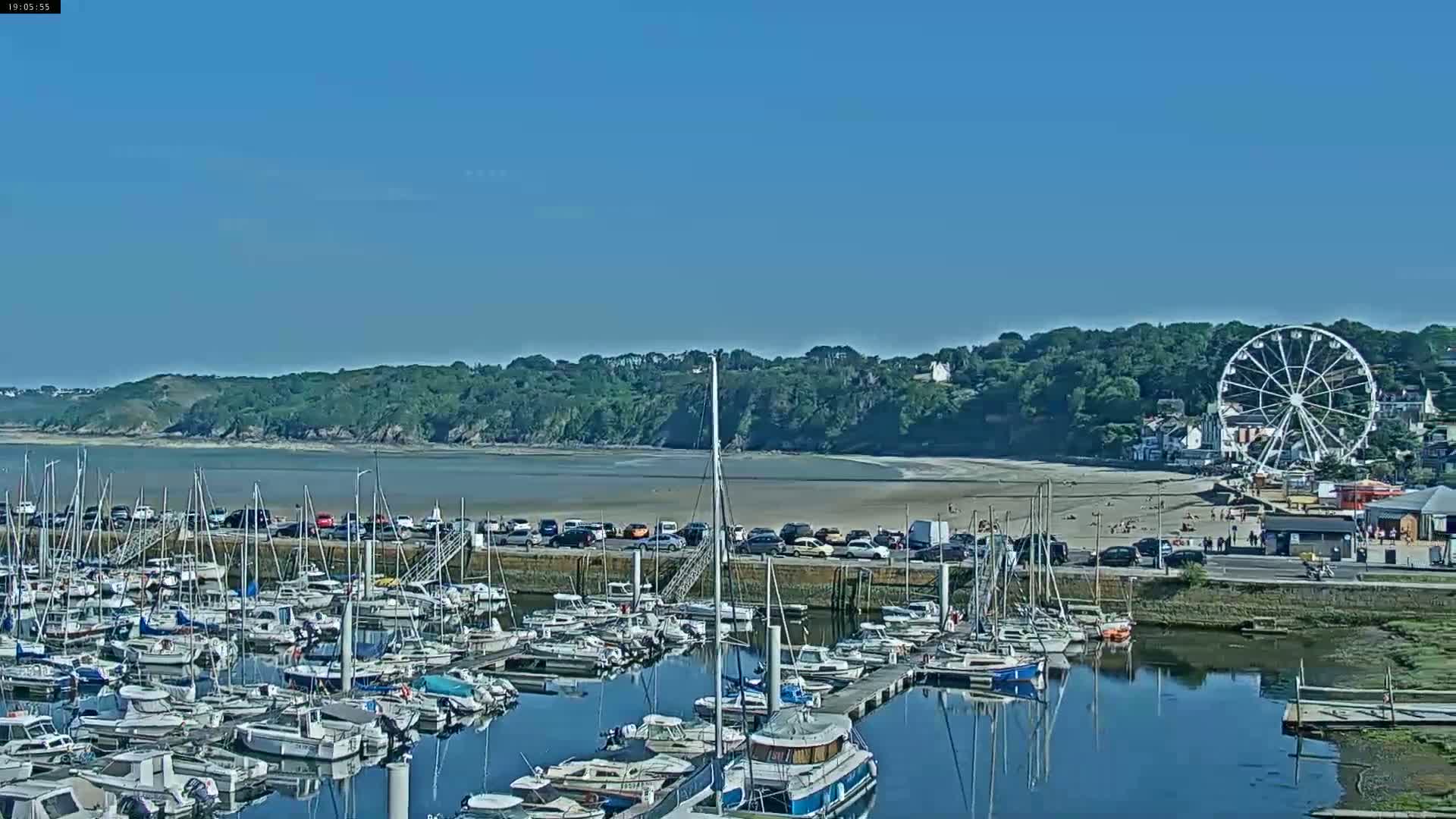 A marina filled with numerous boats is situated near a sandy beach, backed by lush green hills and a Ferris wheel under a clear blue sky.