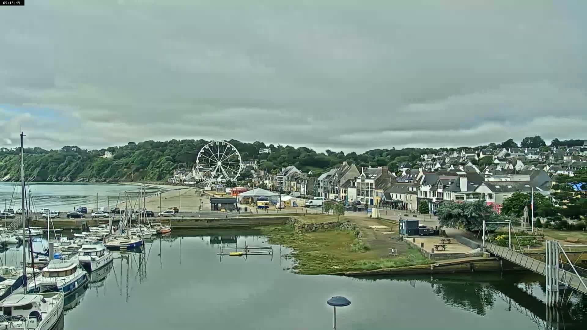 A harbor filled with boats sits below a town with a Ferris wheel on a cloudy day.
