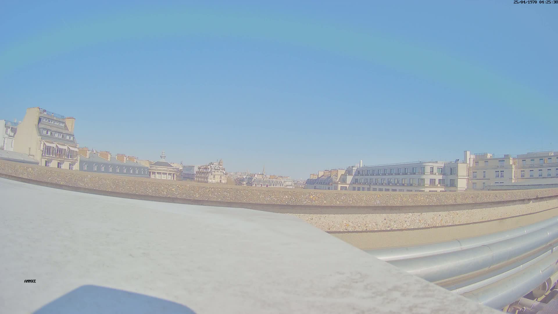 A clear blue sky is visible above a low wall overlooking a city of several-story buildings.