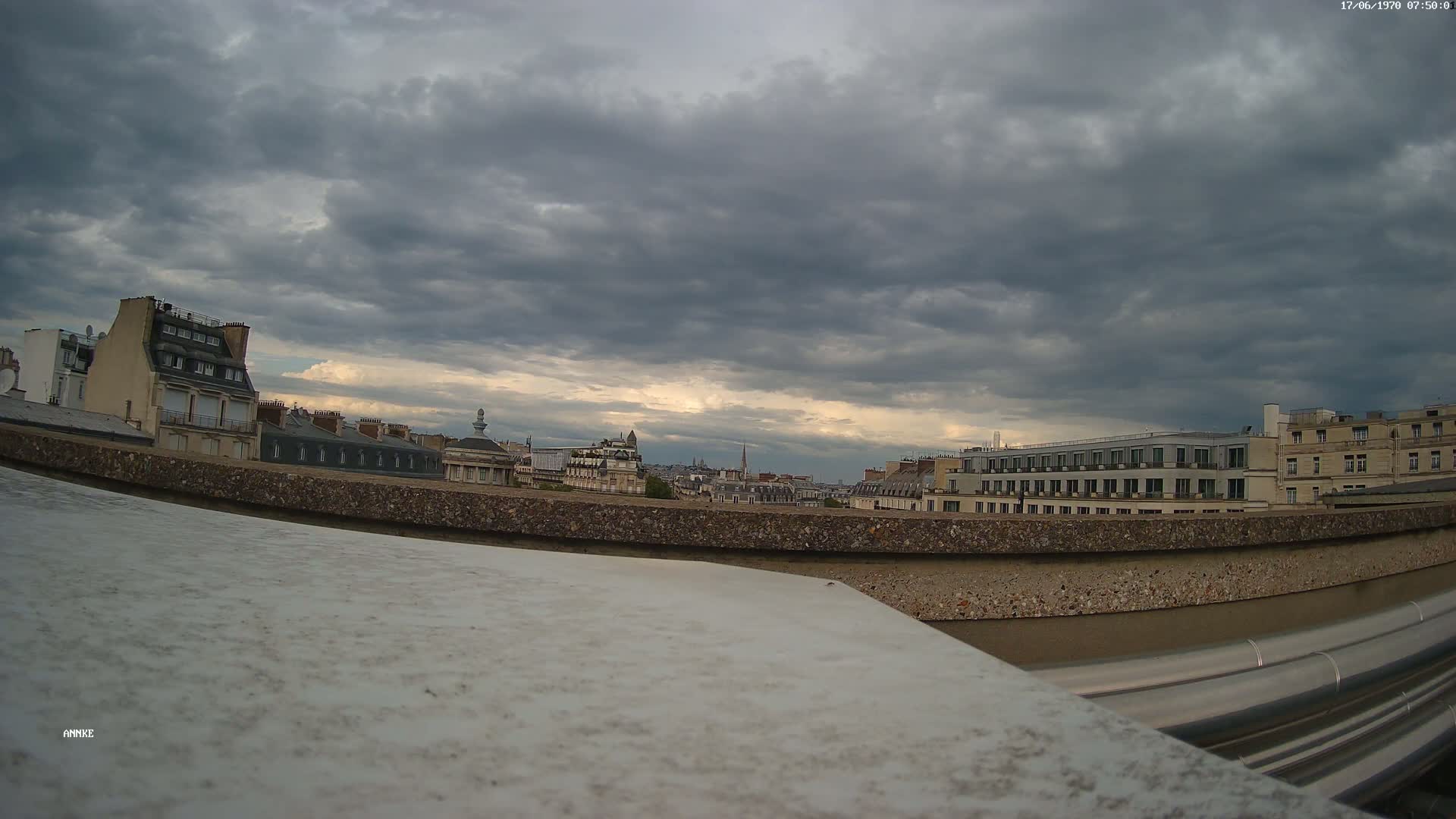 A cityscape under a cloudy, overcast sky is seen from a rooftop, with a low-lying wall and metallic pipes in the foreground.