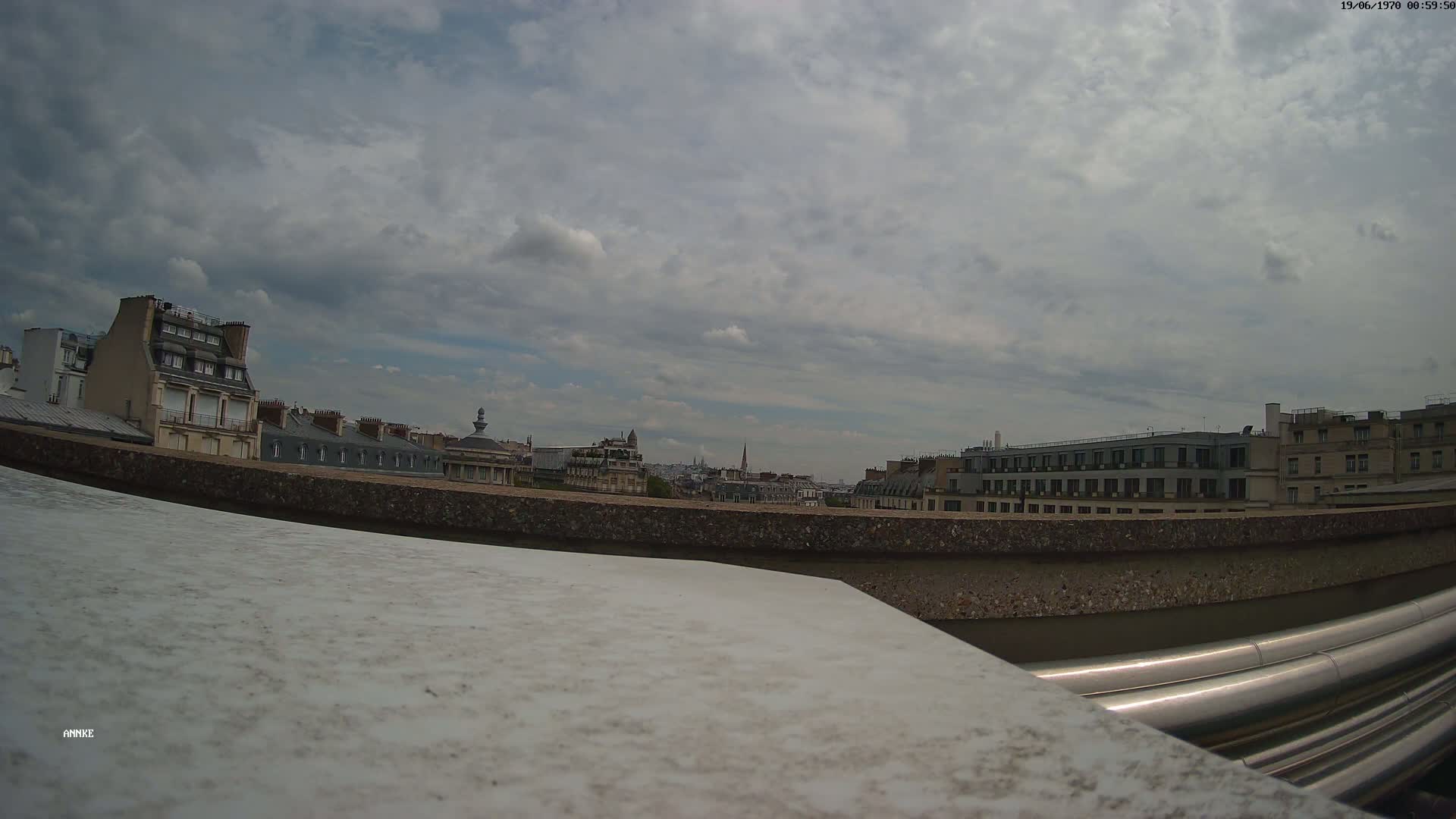 A city skyline is visible from a rooftop under a cloudy sky, with metallic pipes in the foreground.