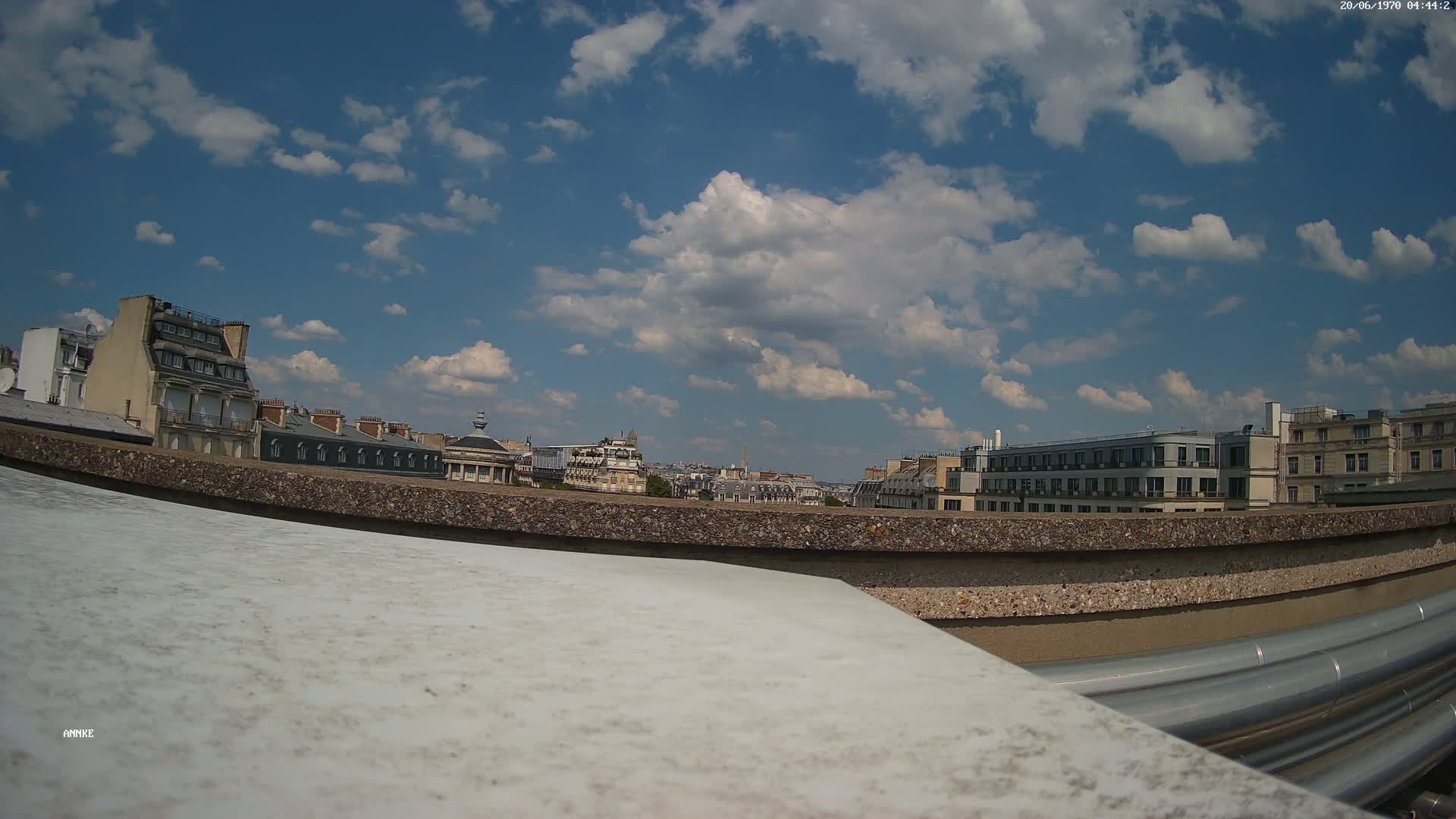 A rooftop view shows a city skyline under a partly cloudy sky.
