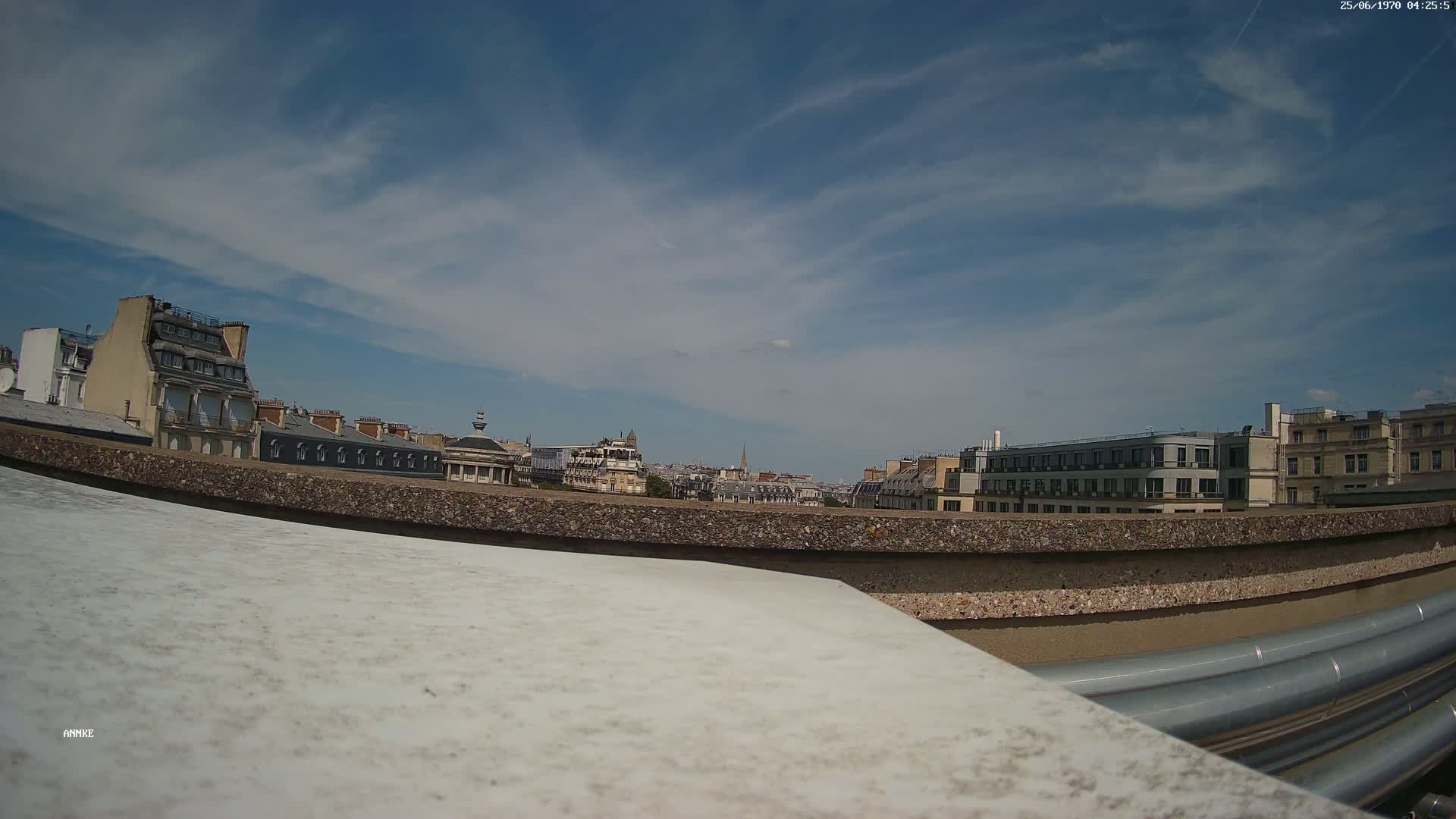 A view of a city skyline under a partly cloudy, sunny sky is seen from behind a low concrete wall with large pipes in the foreground.