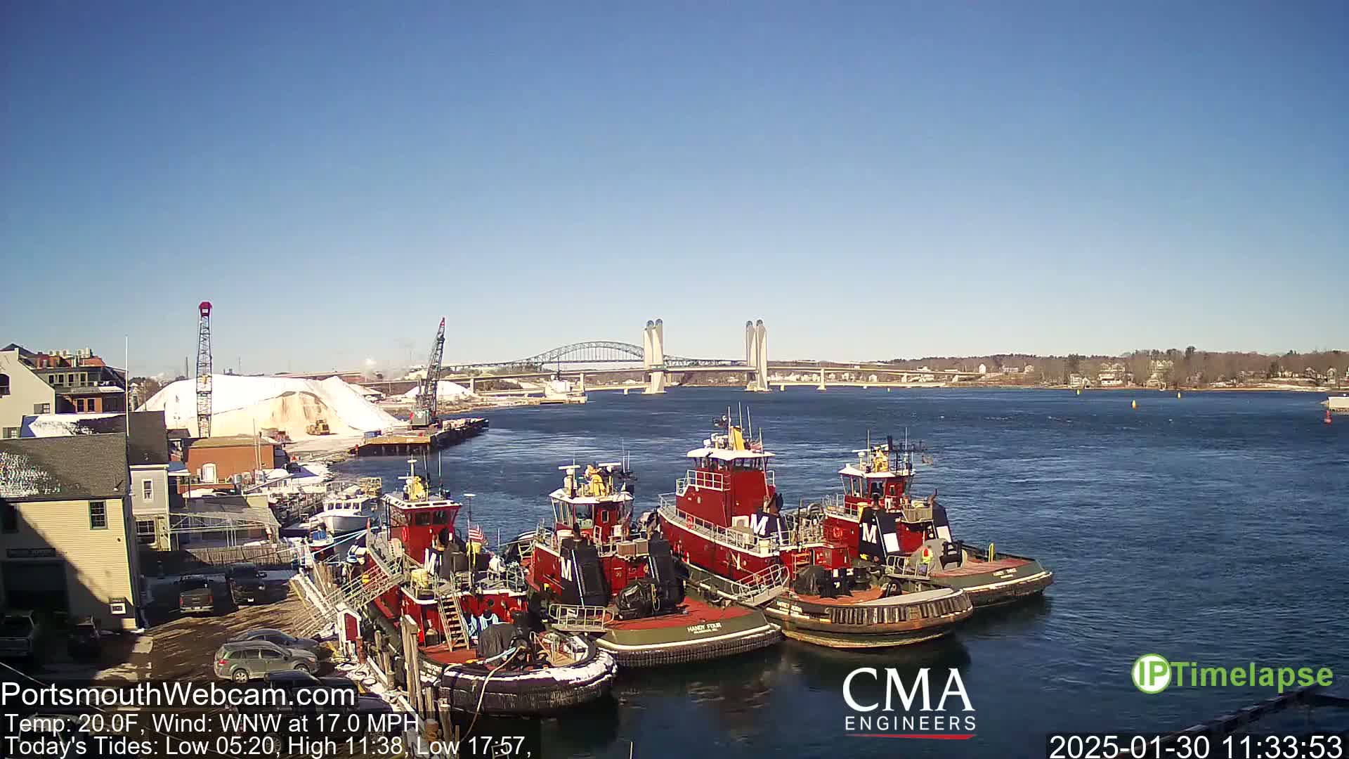 Three red tugboats are docked near a pile of snow and a bridge on a sunny, cold day with a strong wind.
