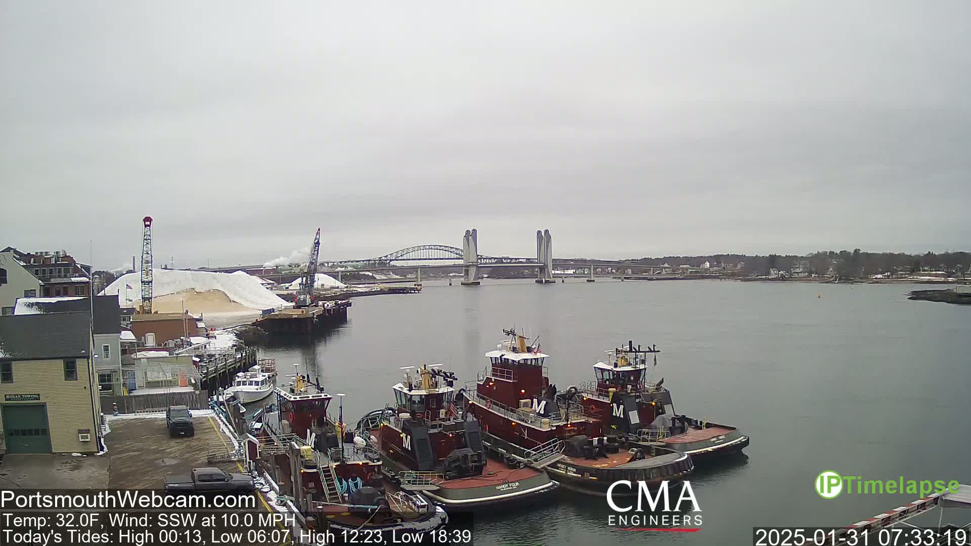 Several tugboats are moored at a dock near a bridge on a cloudy day with a south-southwesterly wind.