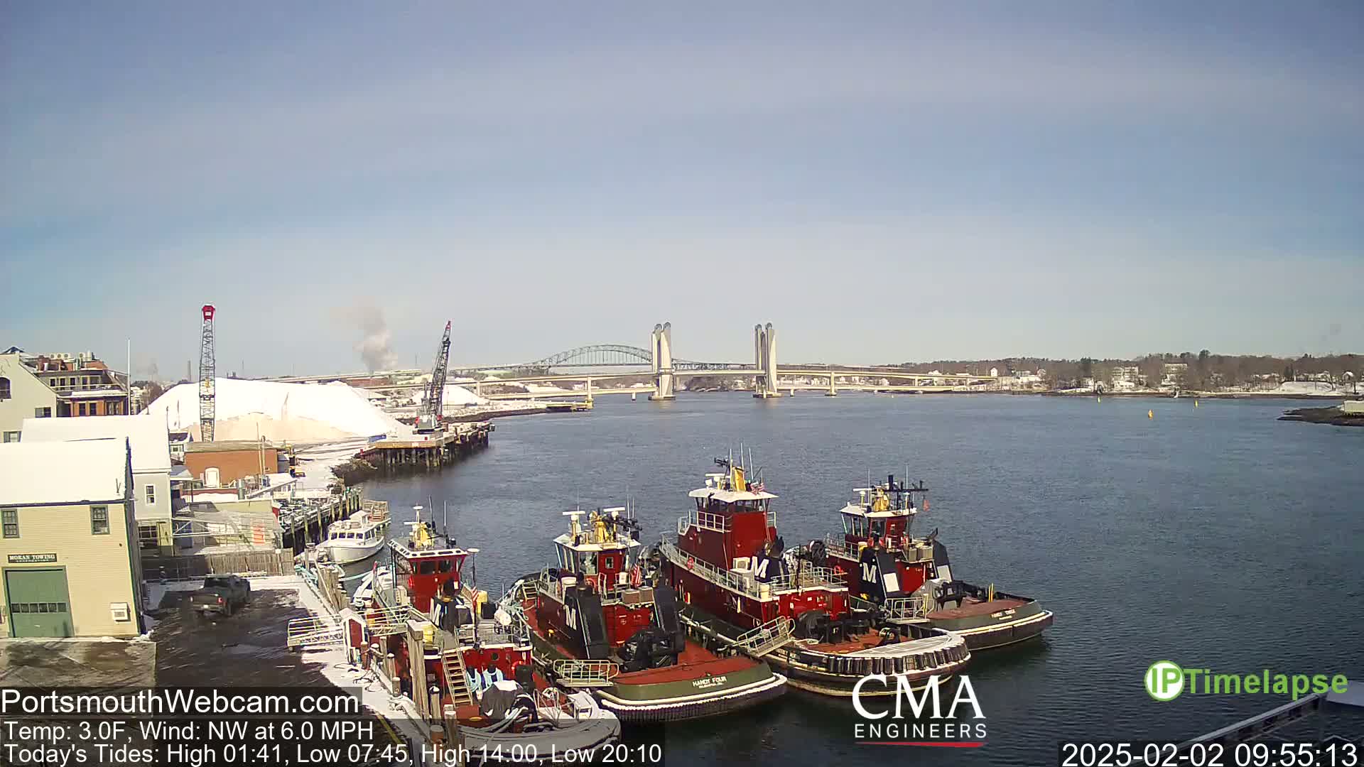 Several tugboats are docked at a waterfront, with a bridge in the background on a sunny, cold day.