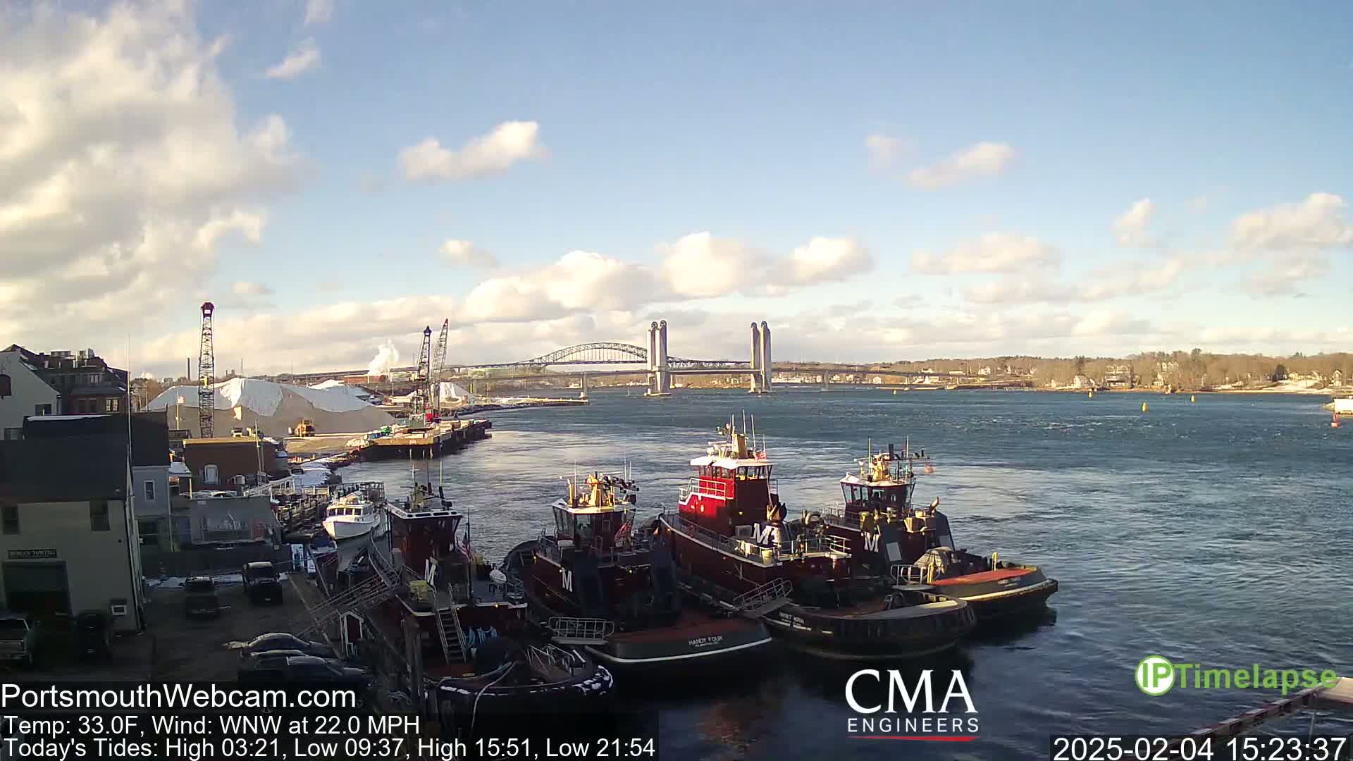 Several tugboats are moored at a dock near a bridge on a partly cloudy day with a wind of 22 mph from the west-northwest.