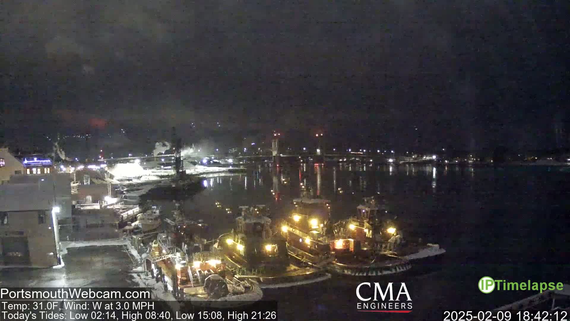 Several tugboats are moored in a harbor at night under a dark, clear sky.