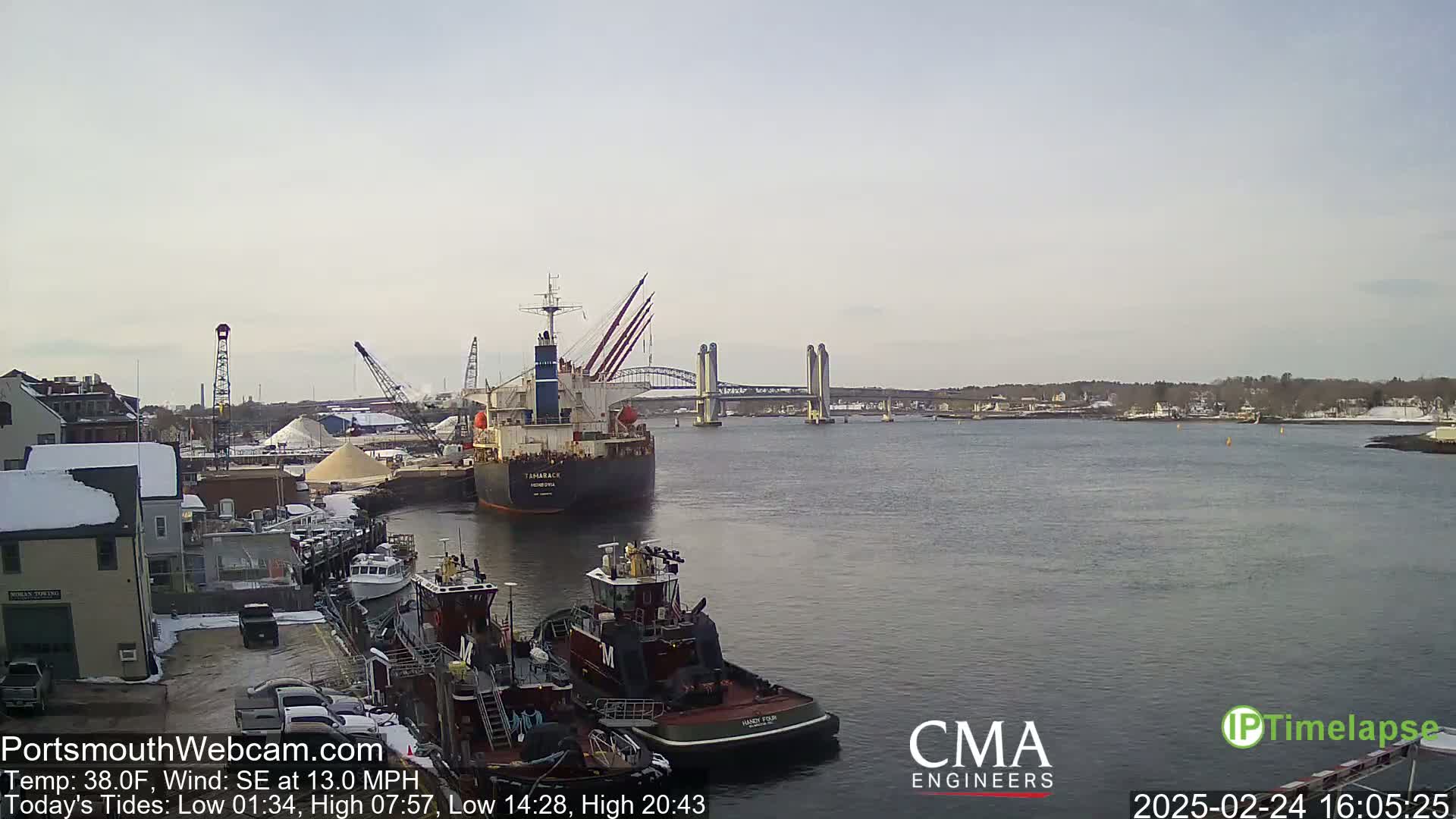 A large cargo ship is docked near tugboats and other smaller vessels in a harbor, with a bridge in the distance, under a partly cloudy sky.