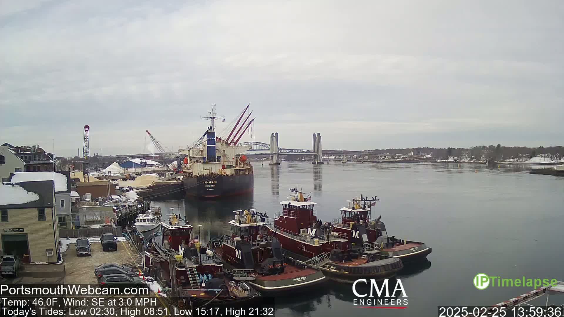 A large cargo ship is docked near several tugboats in a harbor under a cloudy sky, with a bridge in the background.