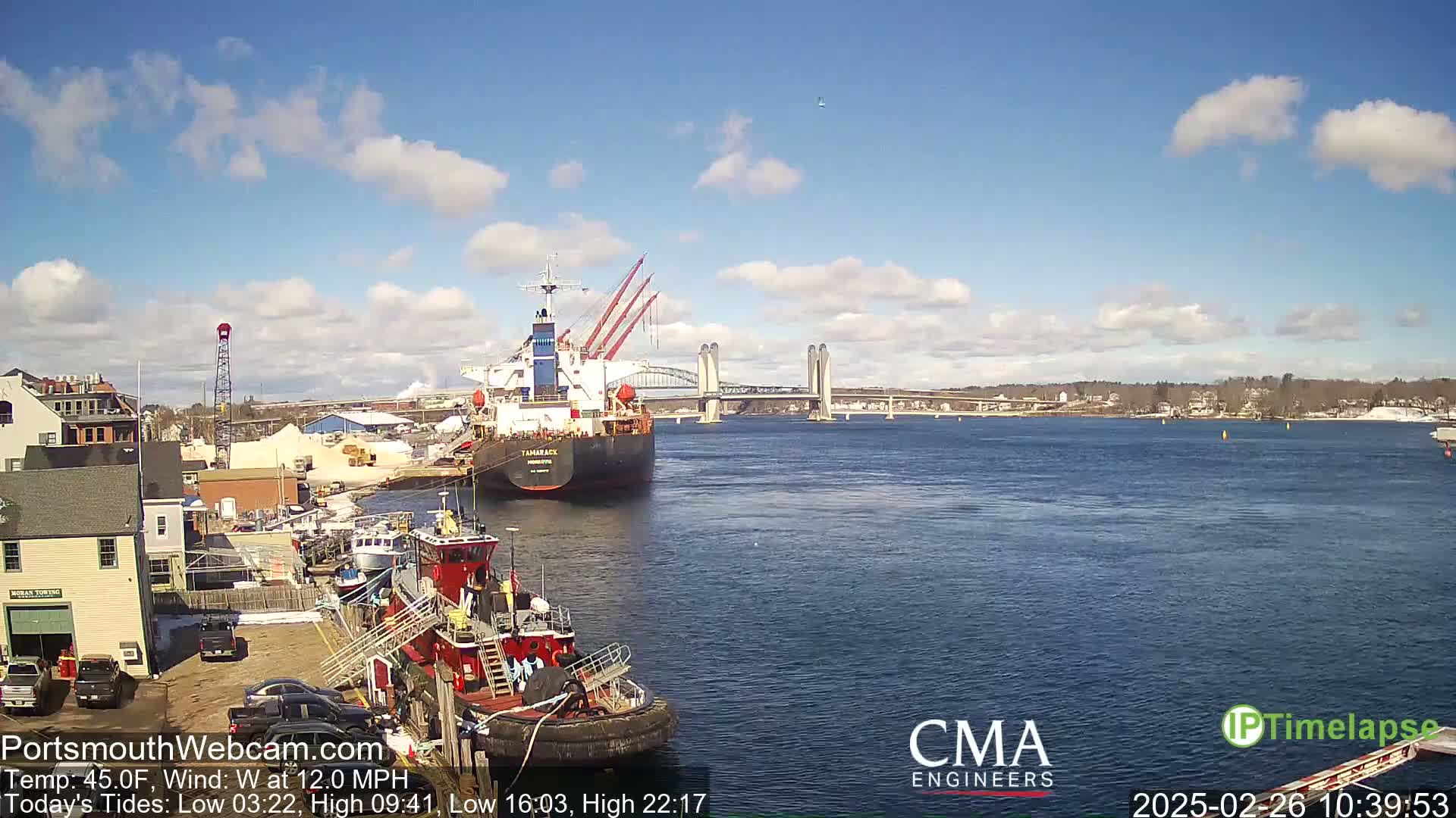 A large cargo ship is docked near a tugboat in a harbor, with a bridge in the background under a partly cloudy sky.