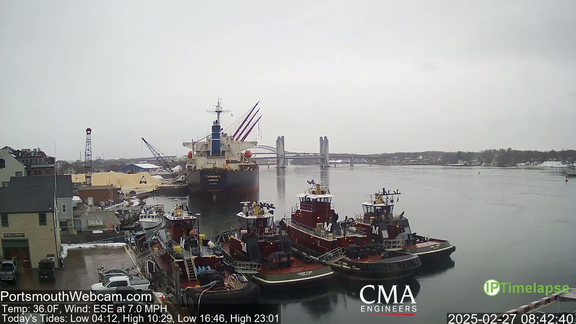 A large cargo ship is docked near several tugboats at a port, under an overcast sky.