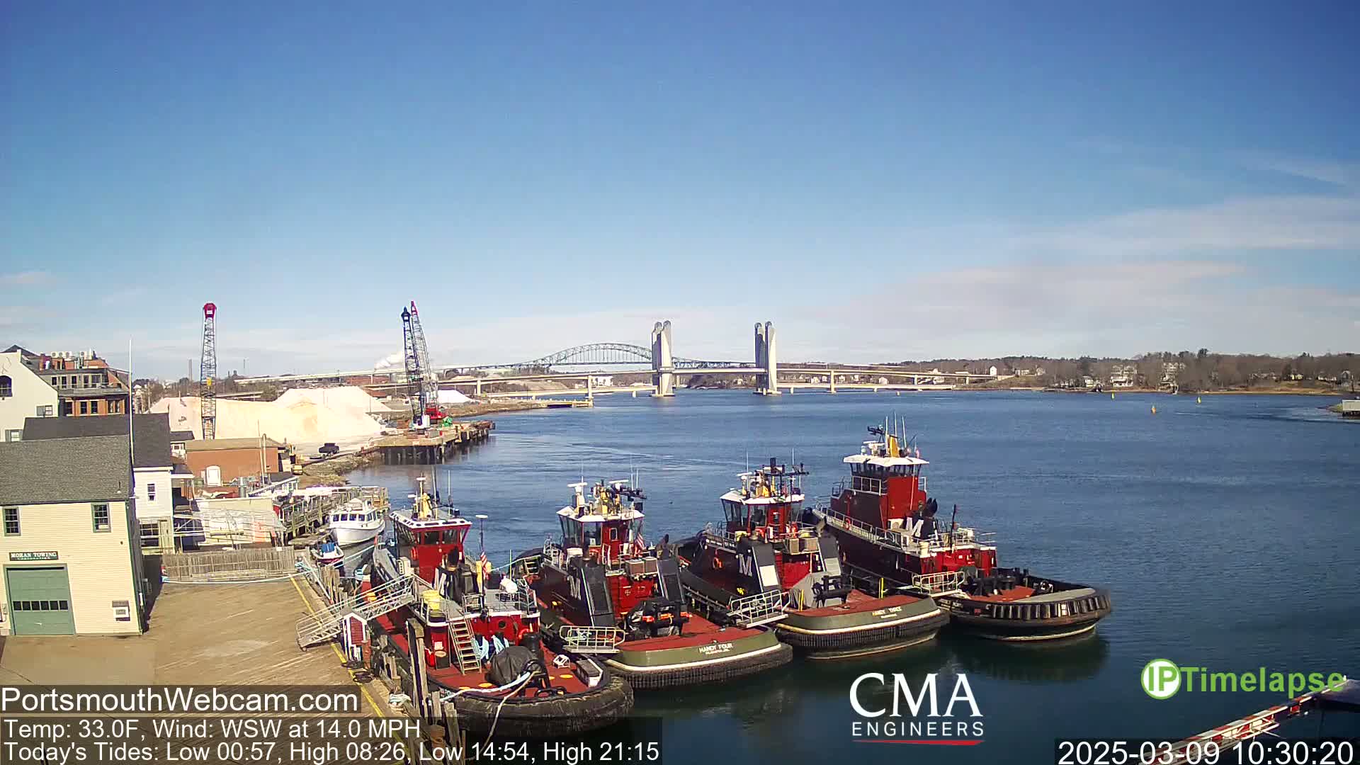 Several tugboats are moored at a dock near a bridge on a sunny day with a light wind.