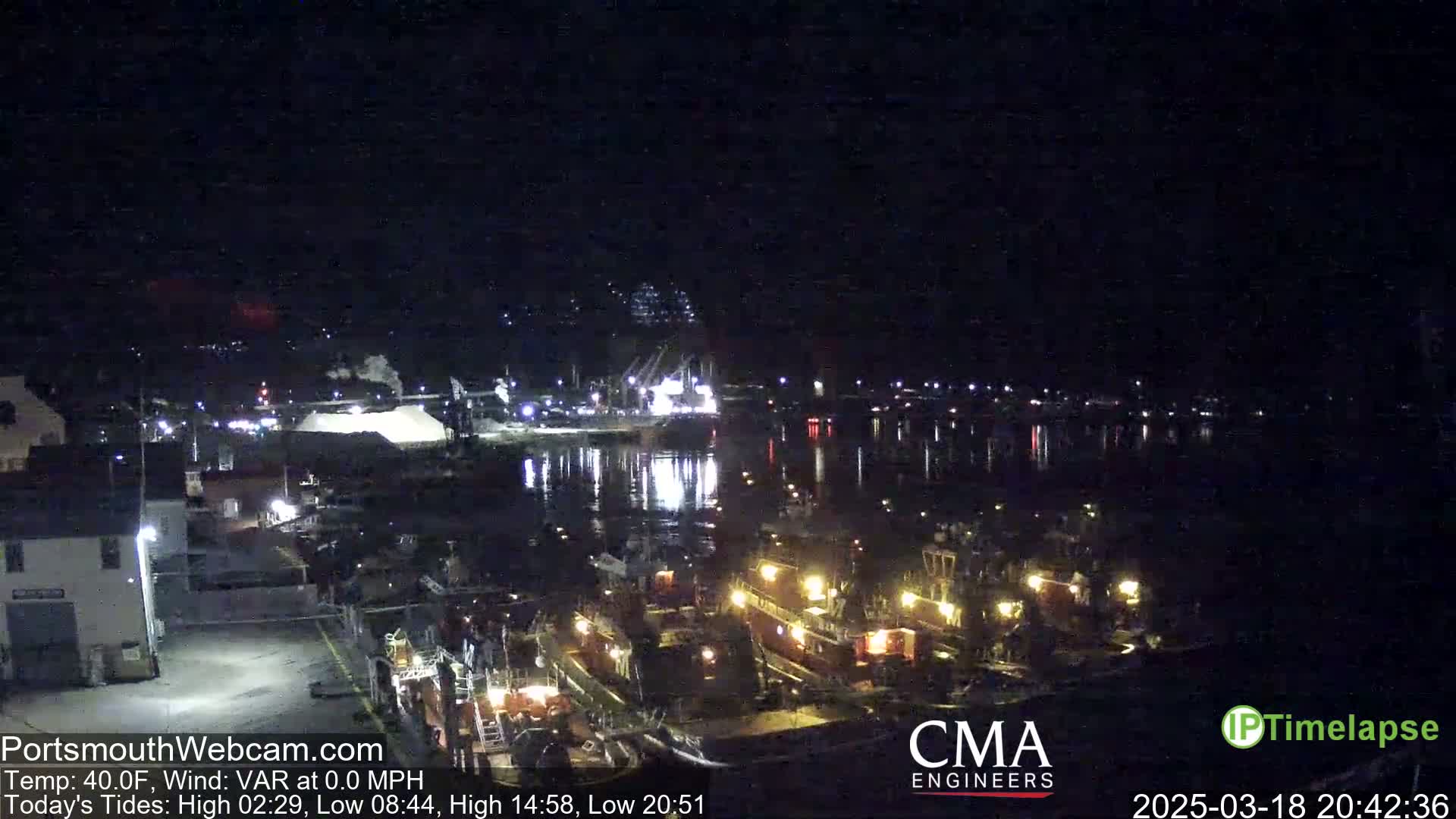 A nighttime view of a harbor with several illuminated boats docked, under a clear, dark sky.