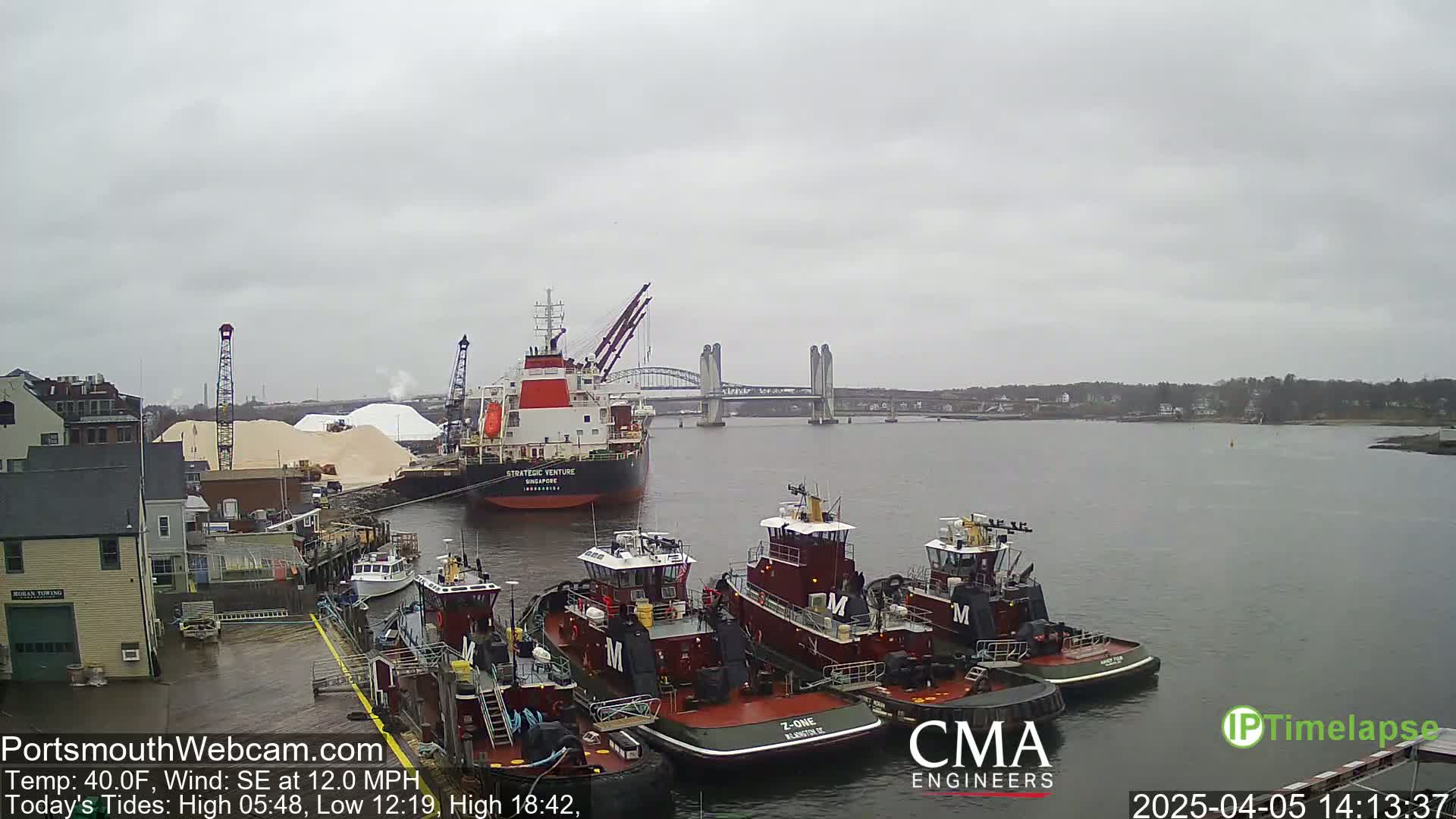 A large cargo ship is docked near several tugboats in a harbor under an overcast sky, with a bridge visible in the background.