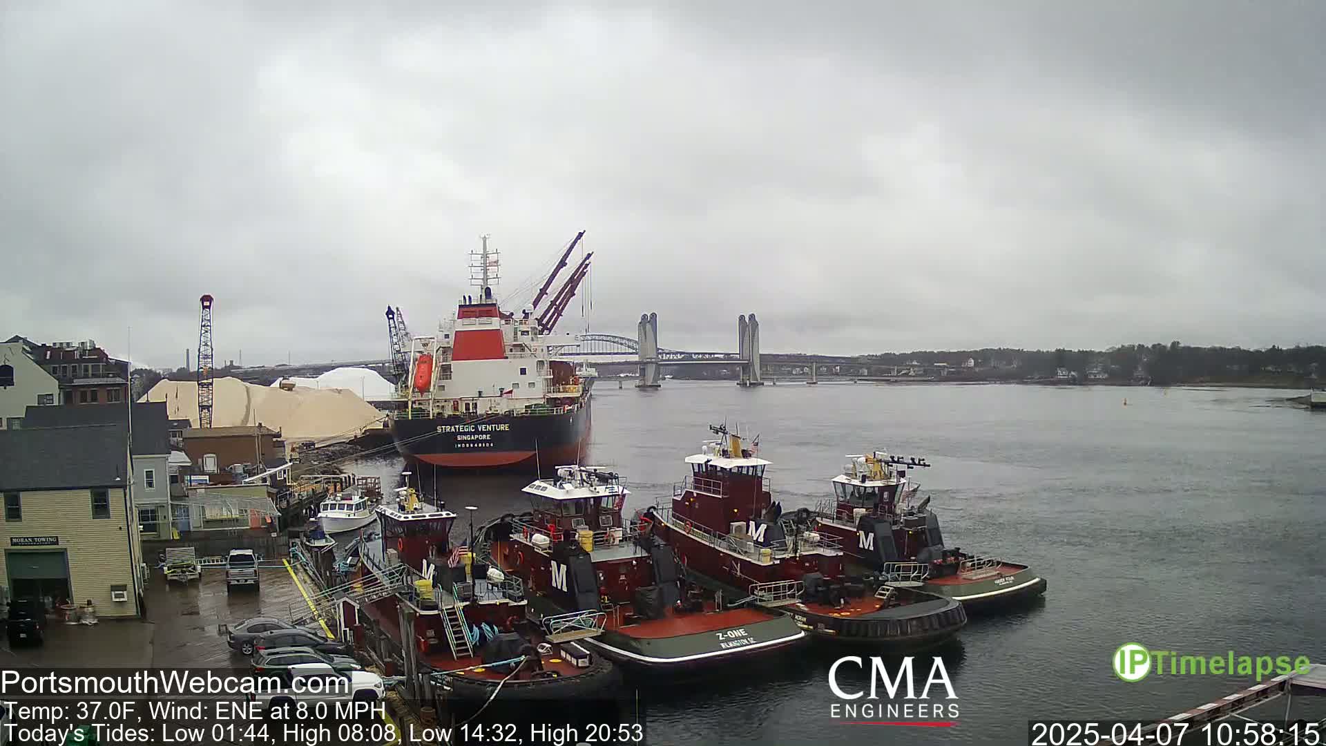 A large cargo ship is docked near several tugboats in a harbor under an overcast sky.