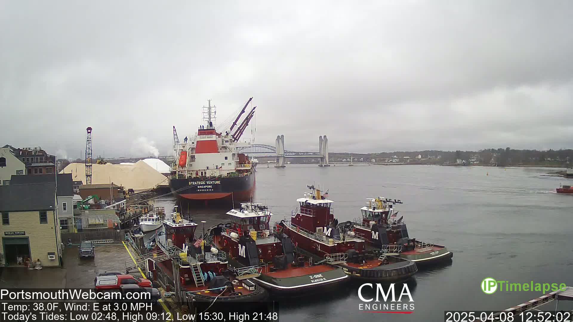 A large cargo ship is docked near several tugboats in a harbor under an overcast sky.