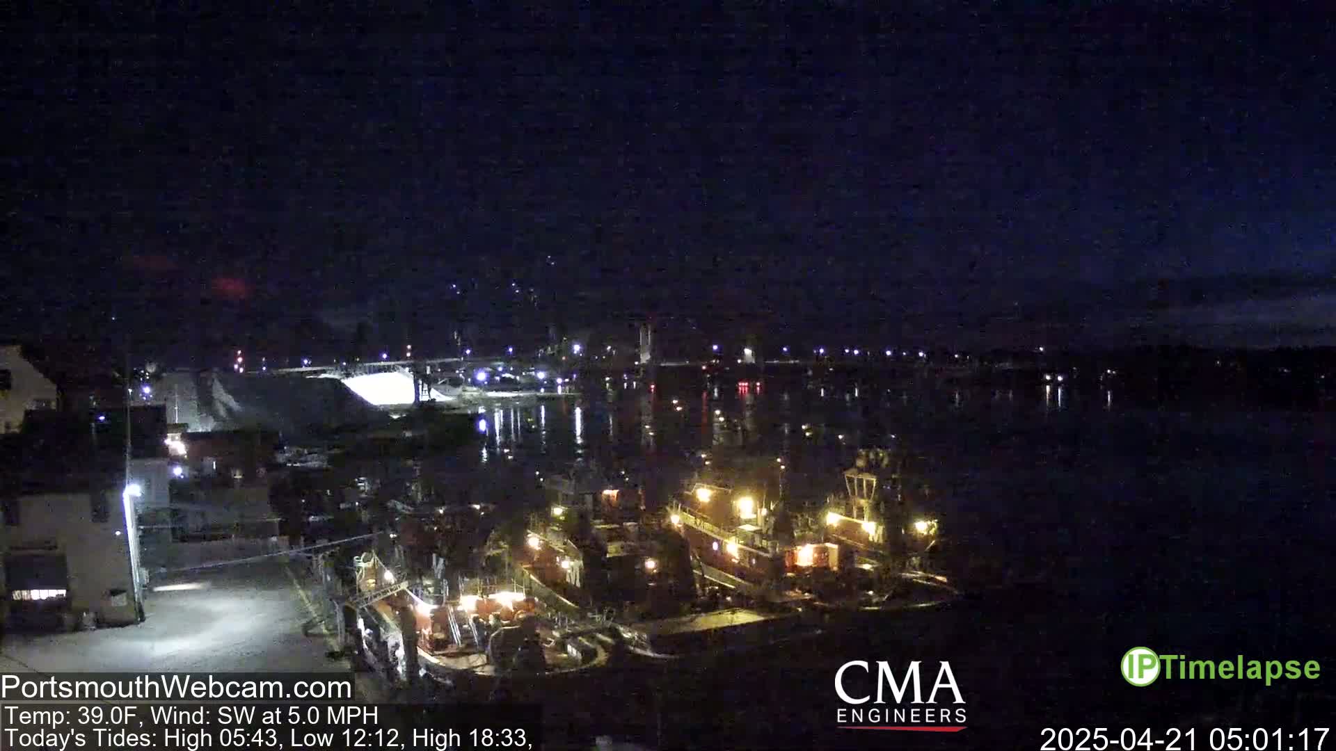 A nighttime view of a harbor shows several docked boats illuminated by their lights, under a dark, clear sky.
