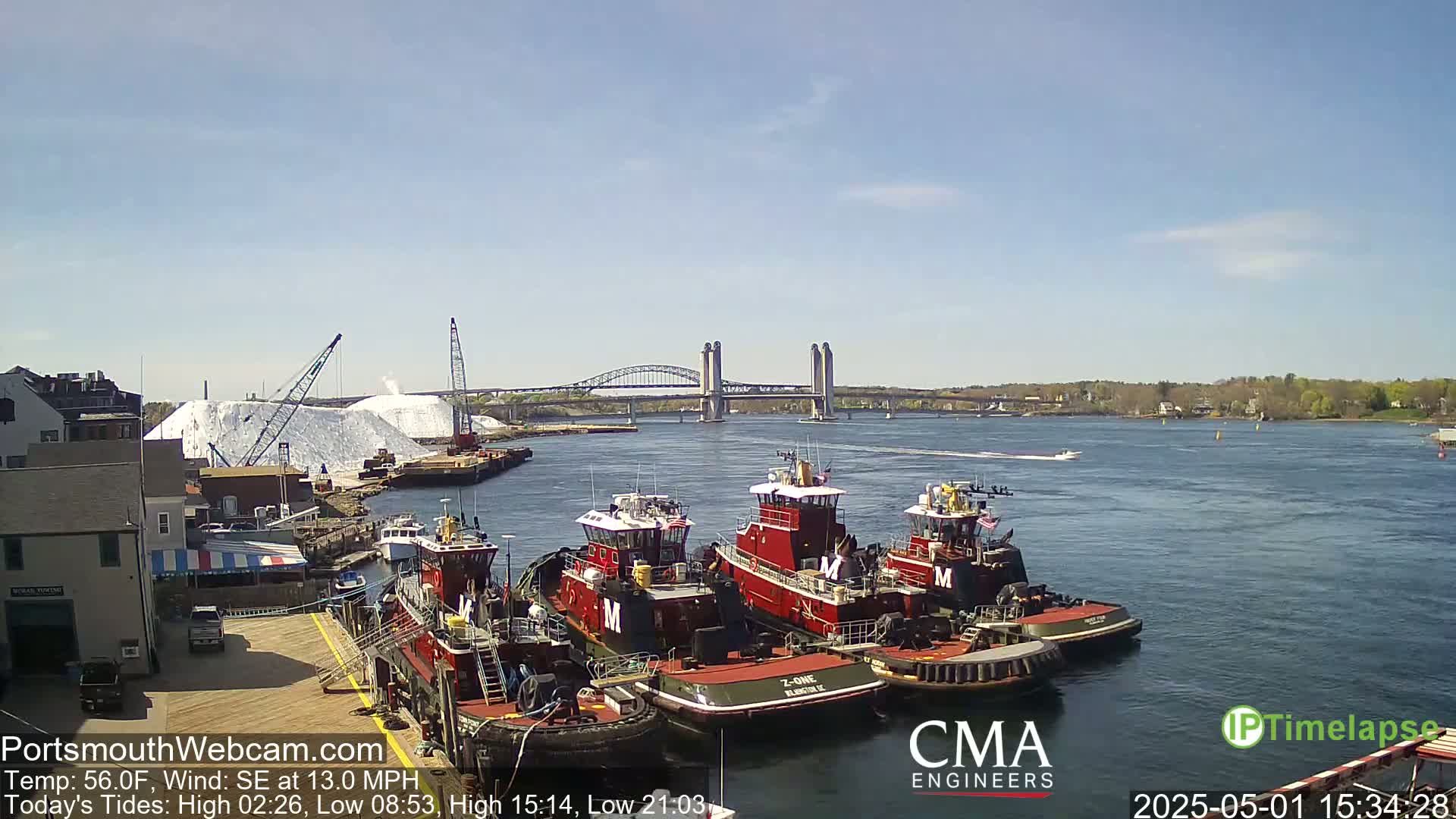 Several tugboats are moored at a dock near a bridge on a sunny day with a southeast wind.