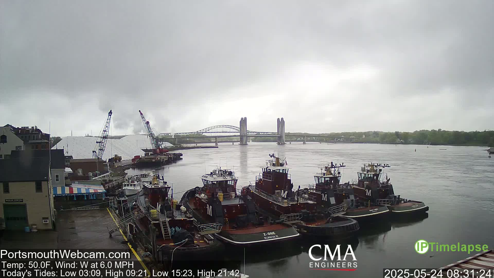 Several tugboats are moored at a dock, with a large pile of white material and two cranes visible nearby, under an overcast sky, and a bridge in the distance.