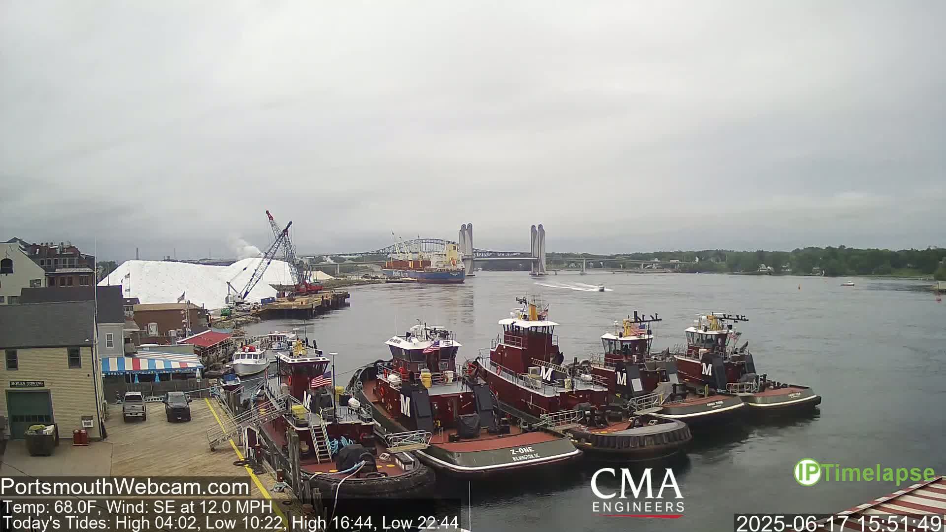 A cloudy day shows several tugboats docked at a waterfront, a large pile of white material being processed by cranes nearby, and a cargo ship passing under a bridge in the distance.