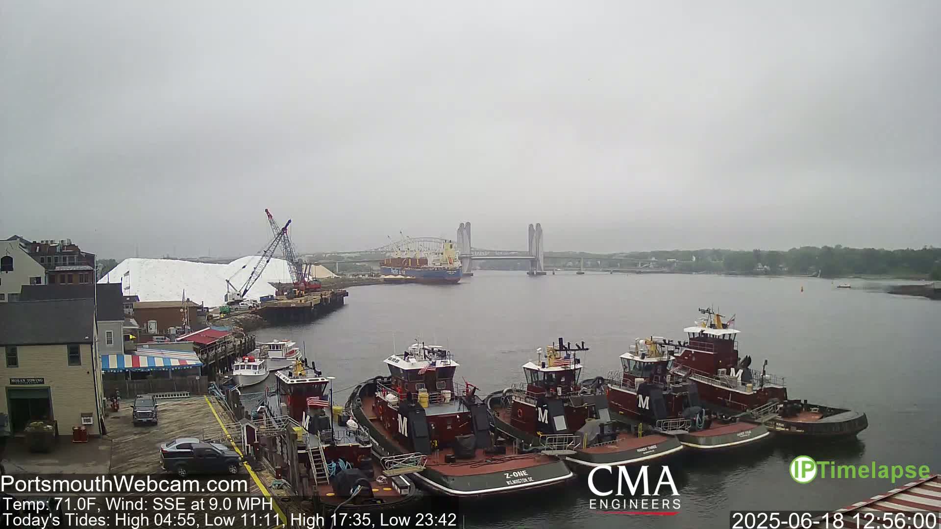 A cloudy day shows several tugboats moored at a dock, a large cargo ship in the water, and a large pile of white material near cranes on the shore.