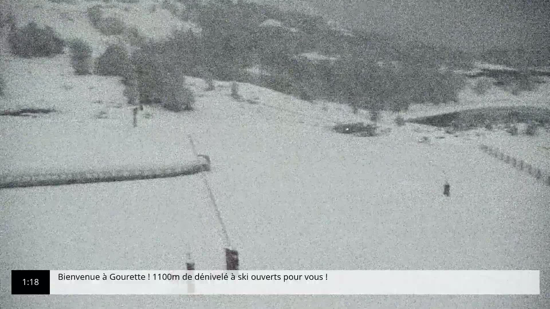 A snow-covered ski slope is visible, with a few people scattered across it, under heavy snowfall.