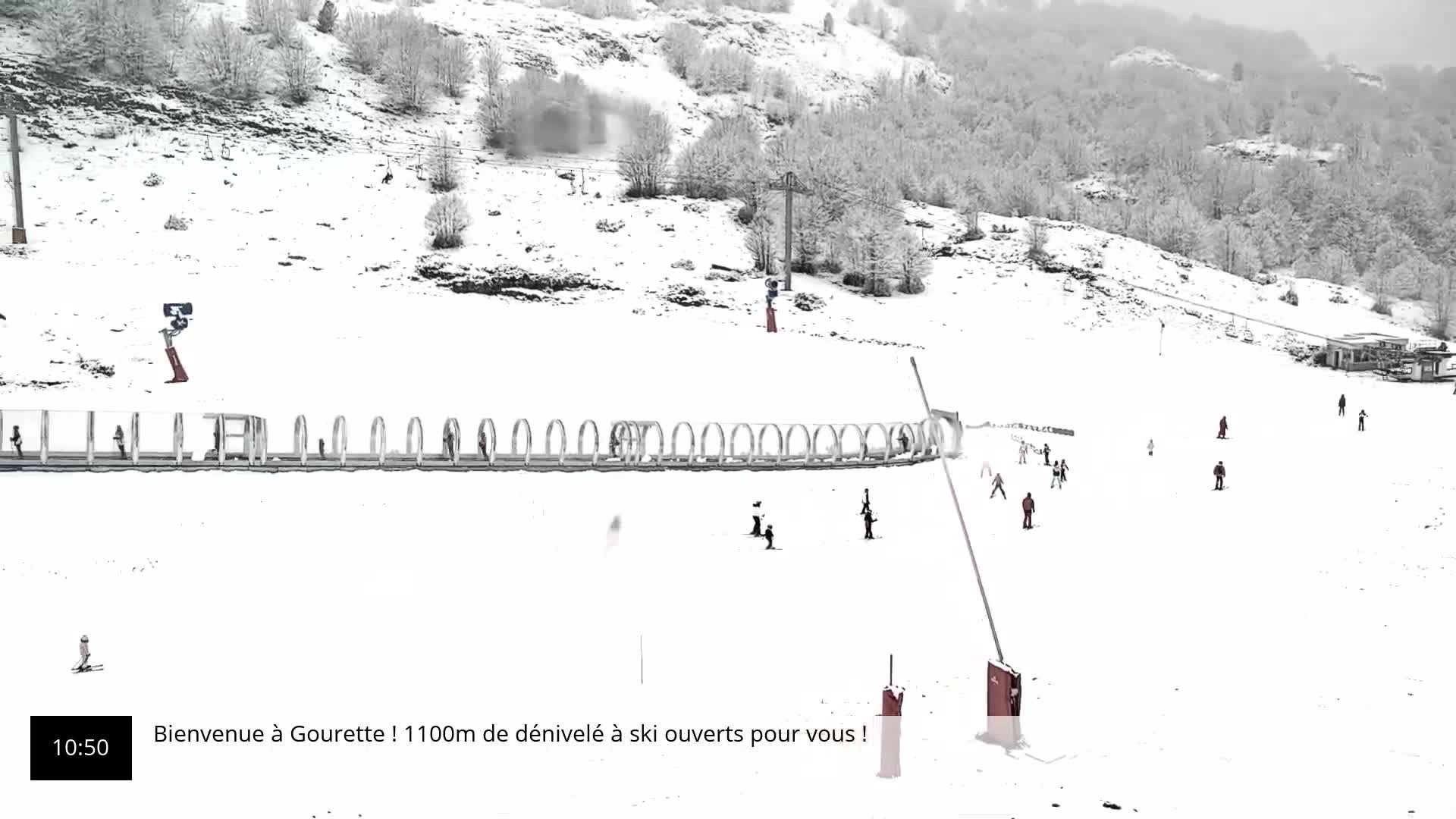 A snowy ski slope with several skiers and a ski lift, under a lightly snowing sky.