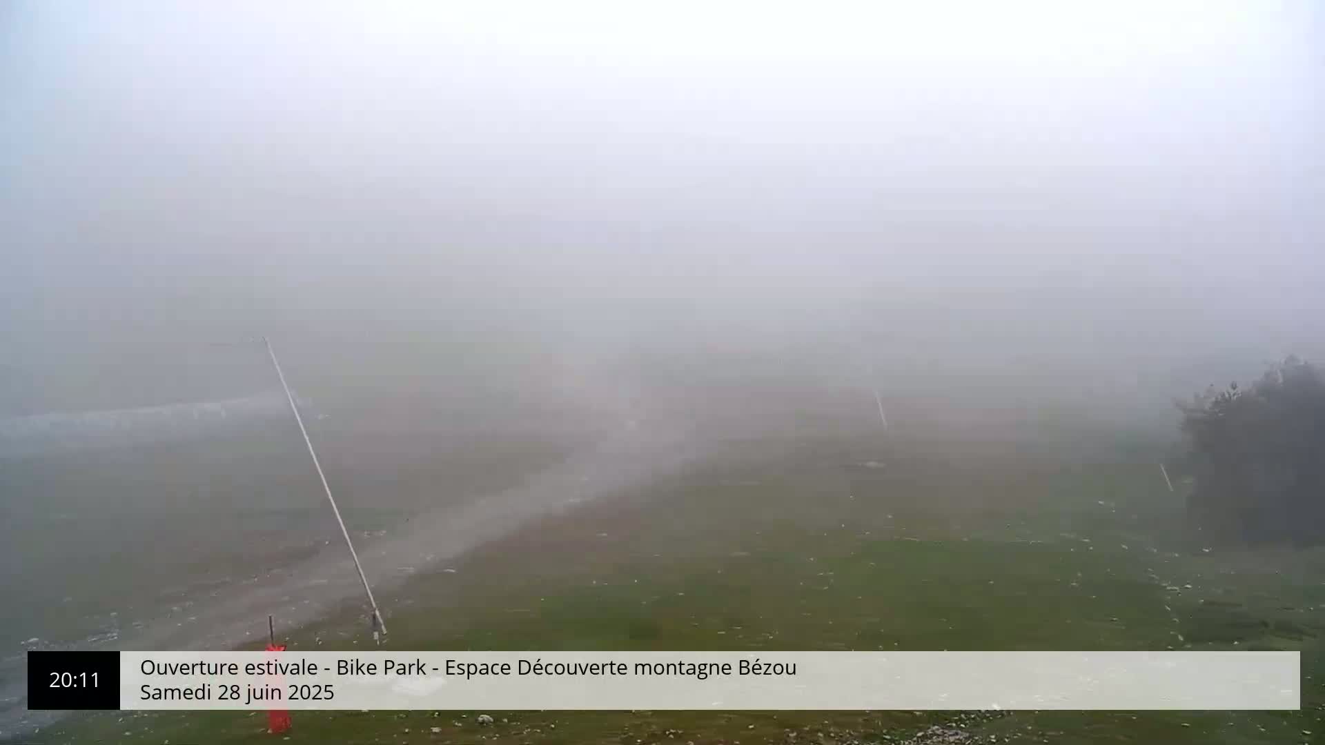 A foggy, grassy field is visible, with a tall pole standing in the middle.