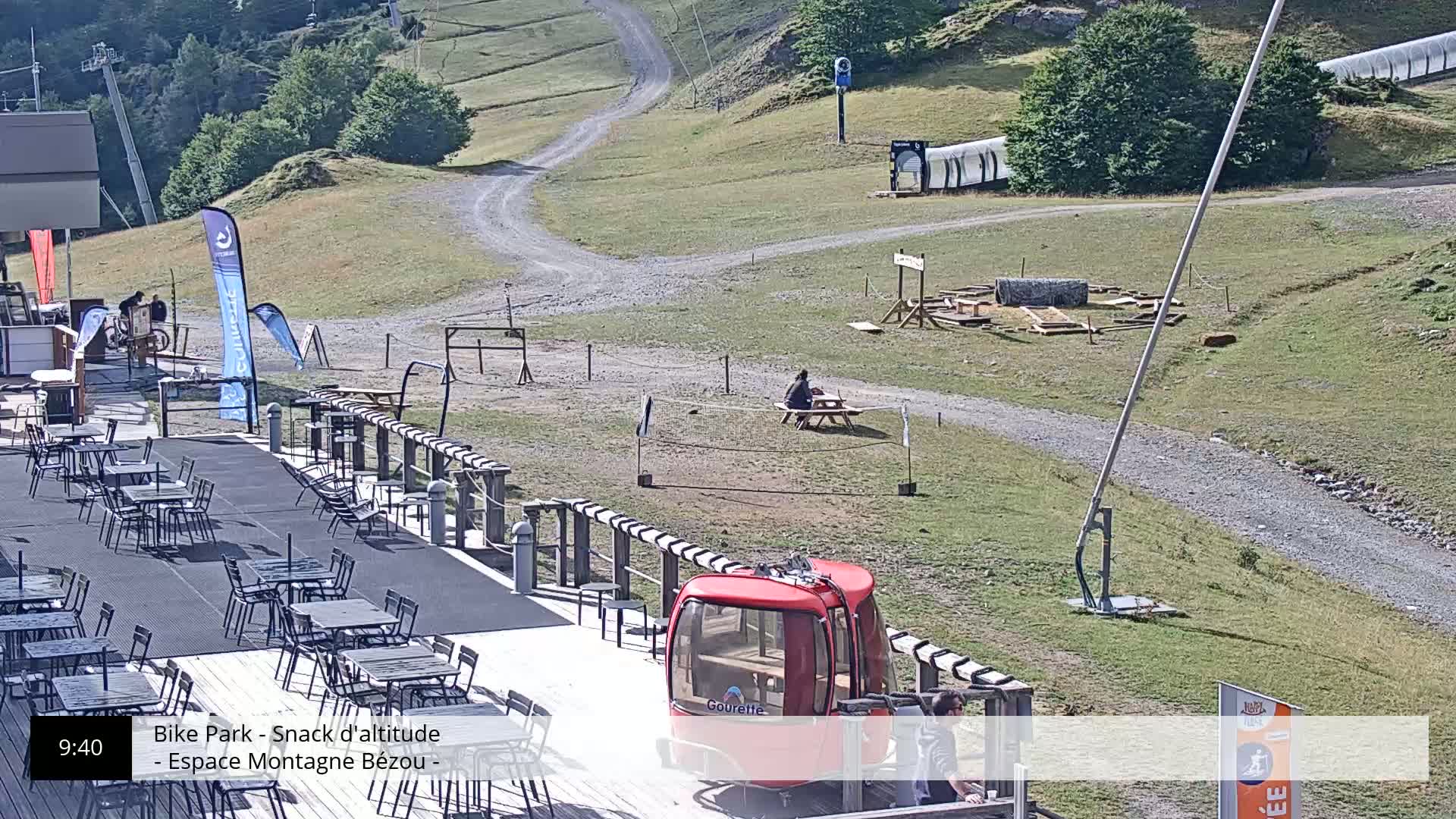 A mountaintop outdoor patio with several tables and chairs, a red cable car, and a person sitting at a picnic table under a sunny sky.