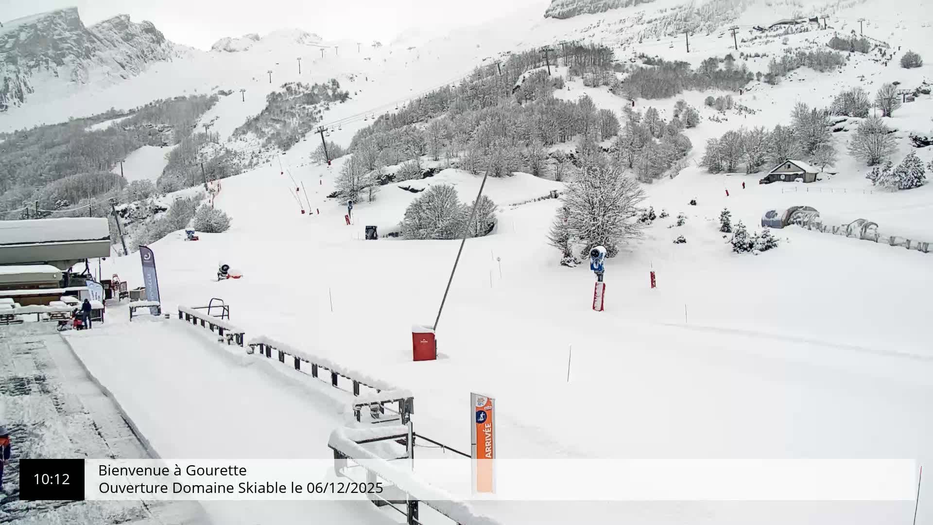 A wide view of a snow-covered mountain ski resort reveals numerous ski lifts, snow-laden trees, and pristine slopes under an overcast winter sky.