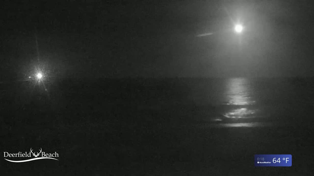 A nighttime view of a calm ocean reflecting a bright moon and a distant light source under a clear sky.
