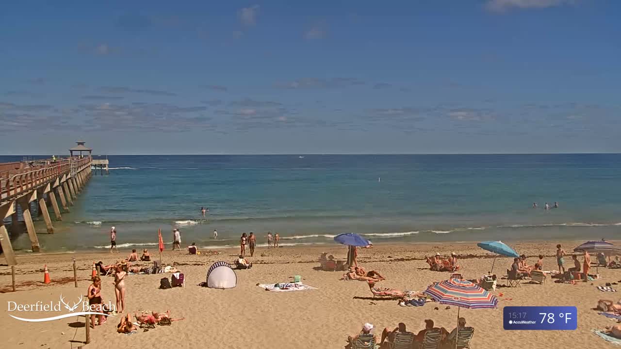 A sunny beach scene shows a pier extending into a calm, teal ocean; many people are relaxing and swimming on the sandy shore under a clear sky.